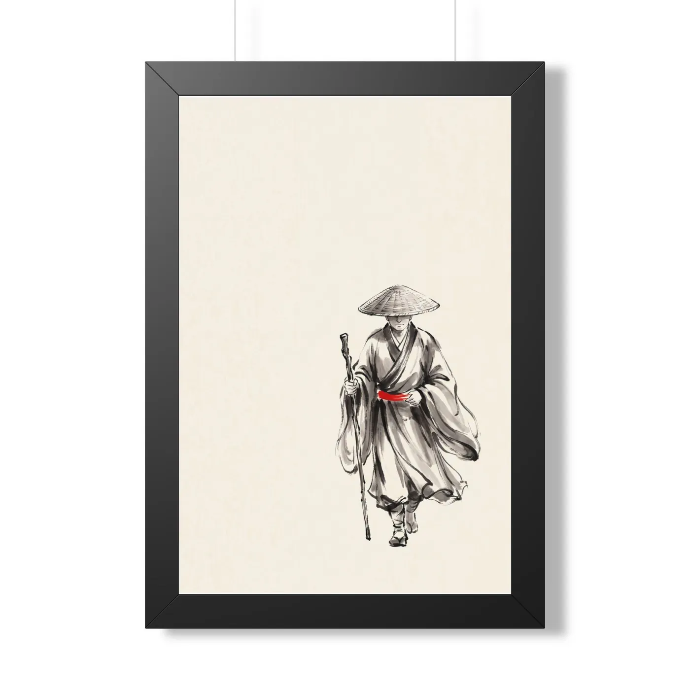 Framed Japanese Wall Art | Monk Walking Staff Sumi-e Ink Print | Black and White Zen Decor | A1 Ready Poster Print