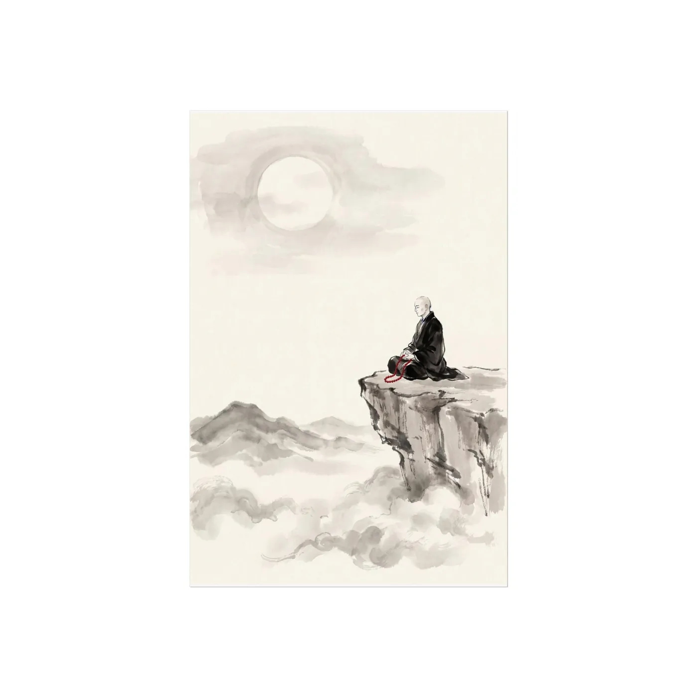 Japanese Wall Art | Monk Moon Cliff Sumi-e Ink Print | Black and White Zen Decor | A1 Ready Poster Print | Living Room Decor