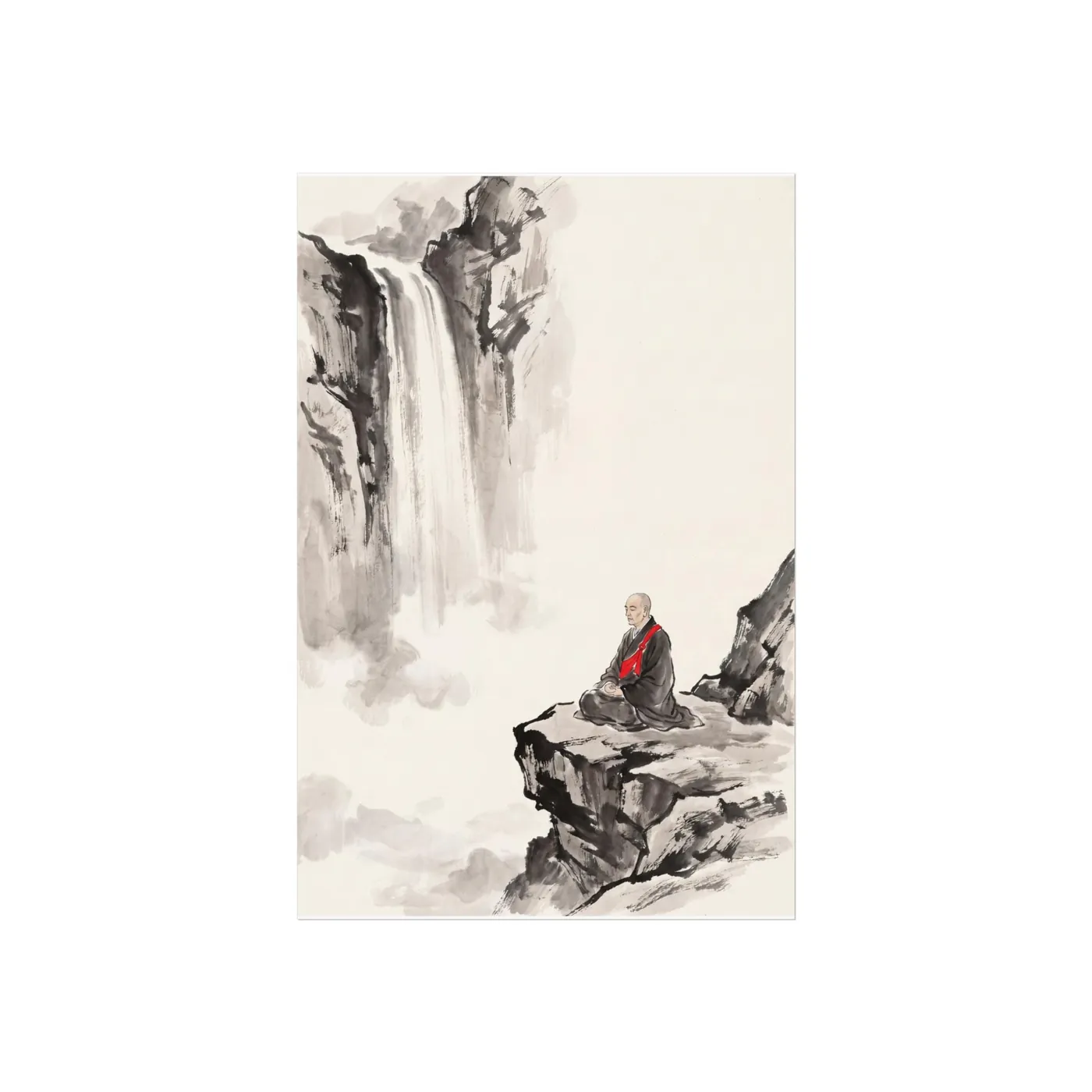 Japanese Wall Art | Monk Waterfall Sumi-e Ink Print | Black and White Zen Decor | A1 Ready Poster Print | Living Room Decor