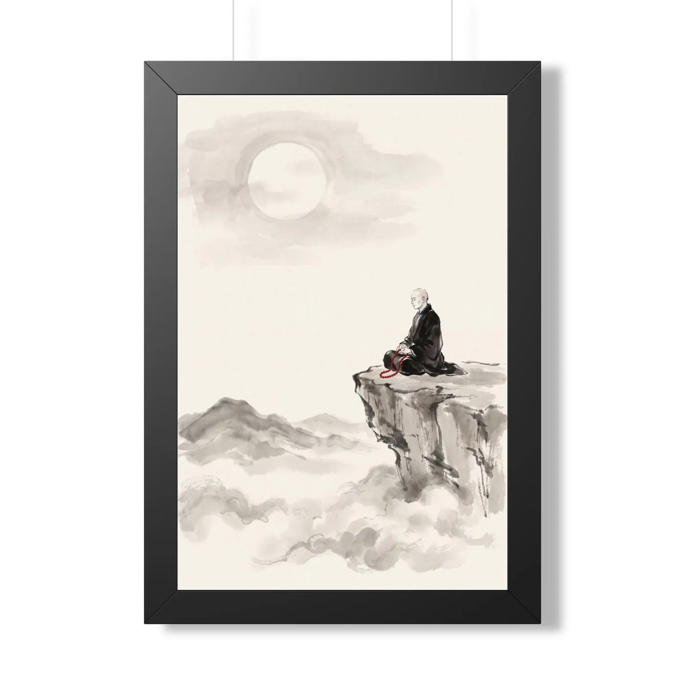 Framed Japanese Wall Art | Monk Moon Cliff Sumi-e Ink Print | Black and White Zen Decor | A1 Ready Poster Print
