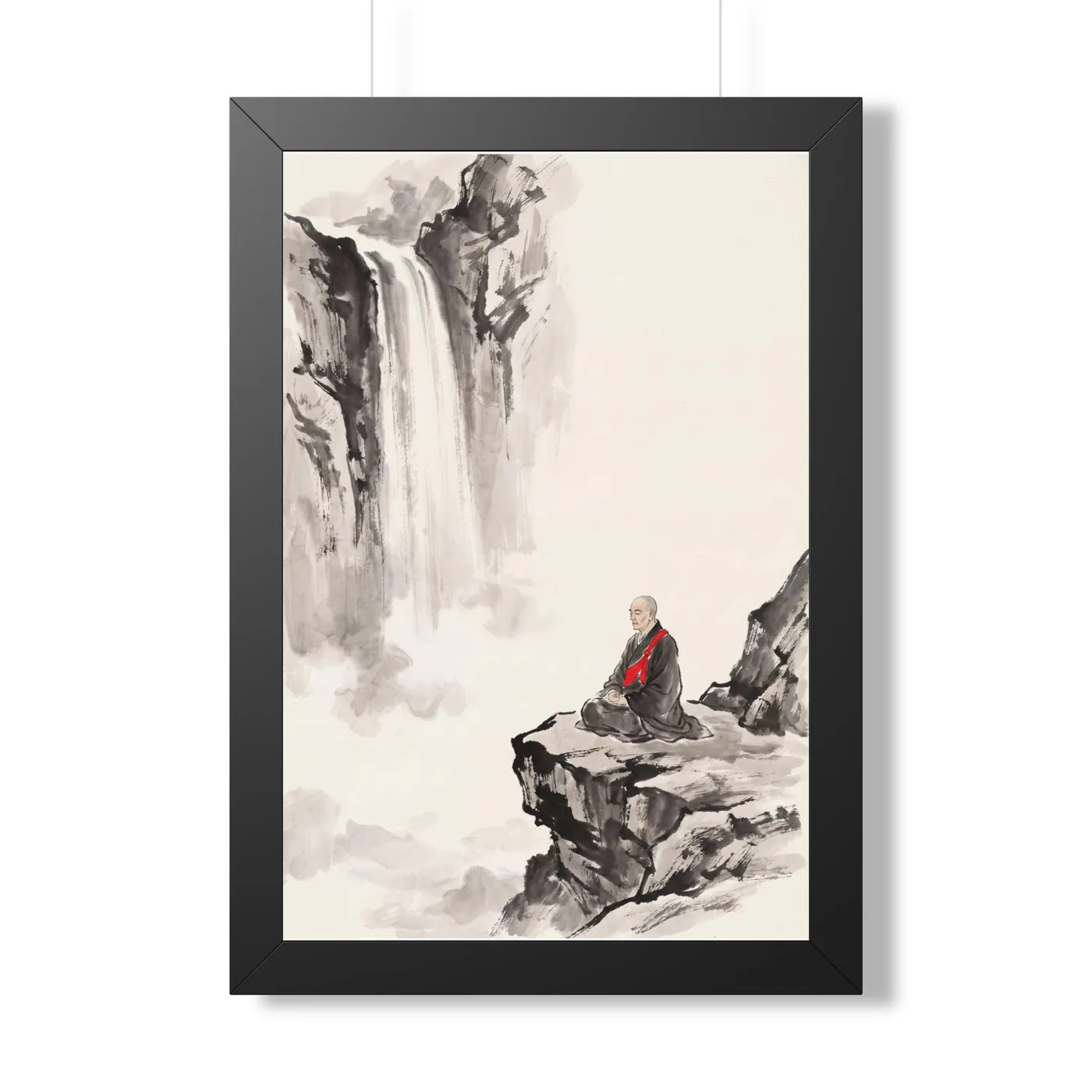 Framed Japanese Wall Art | Monk Waterfall Sumi-e Ink Print | Black and White Zen Decor | A1 Ready Poster Print