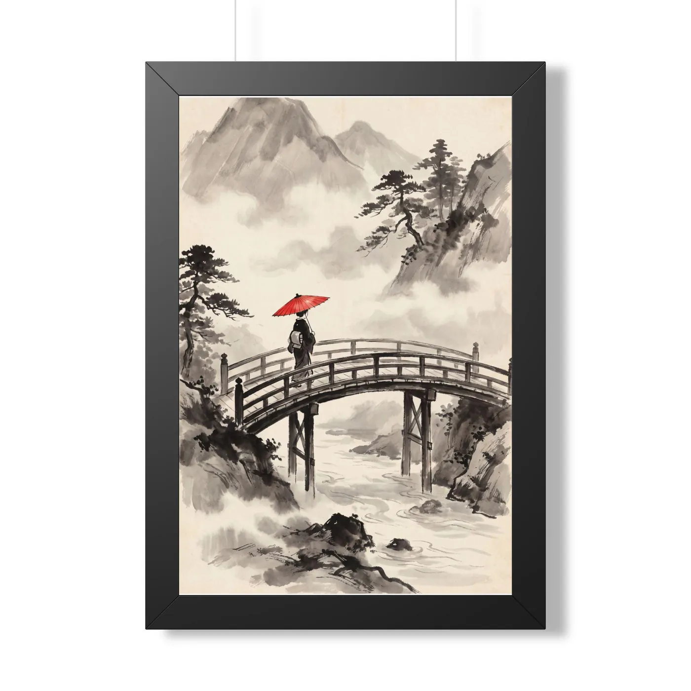 Framed Japanese Wall Art | Traveler Bridge Sumi-e Ink Print | Black and White Zen Decor | A1 Ready Poster Print