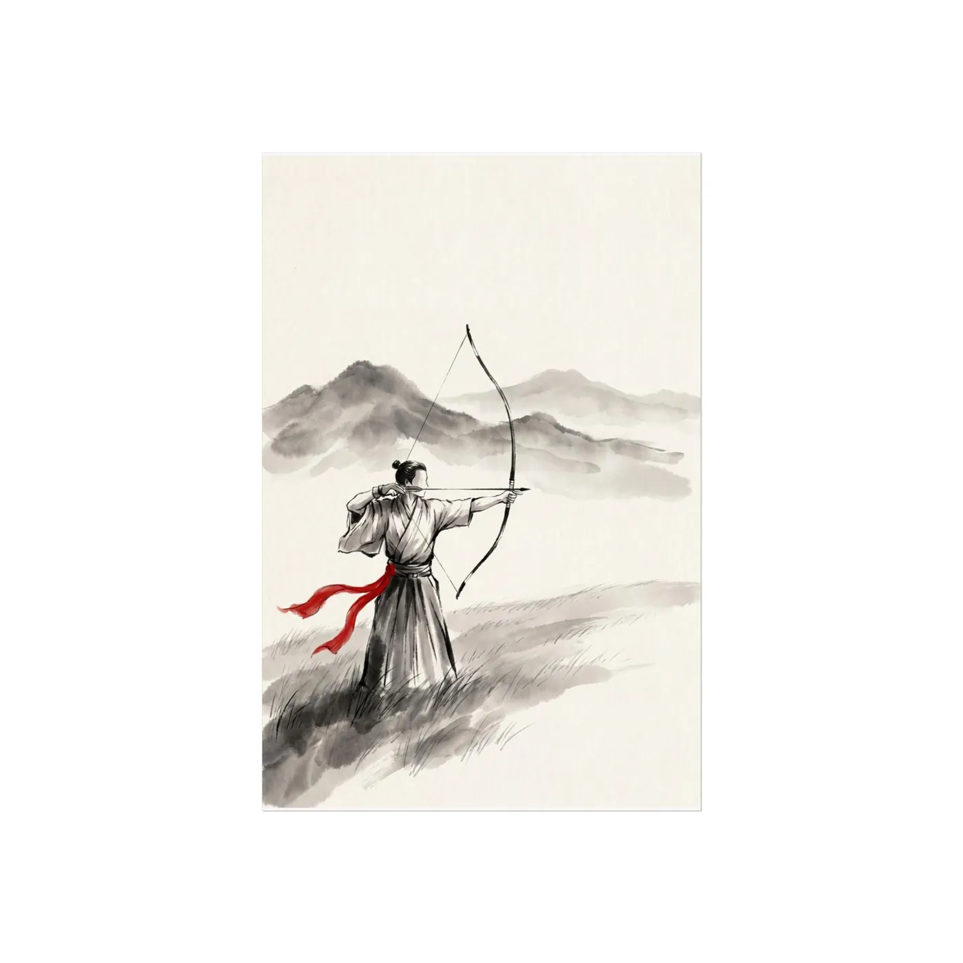 Samurai Wall Art | Archer Field Sumi-e Ink Print | Black and White Zen Decor | A1 Ready Poster Print | Living Room Decor