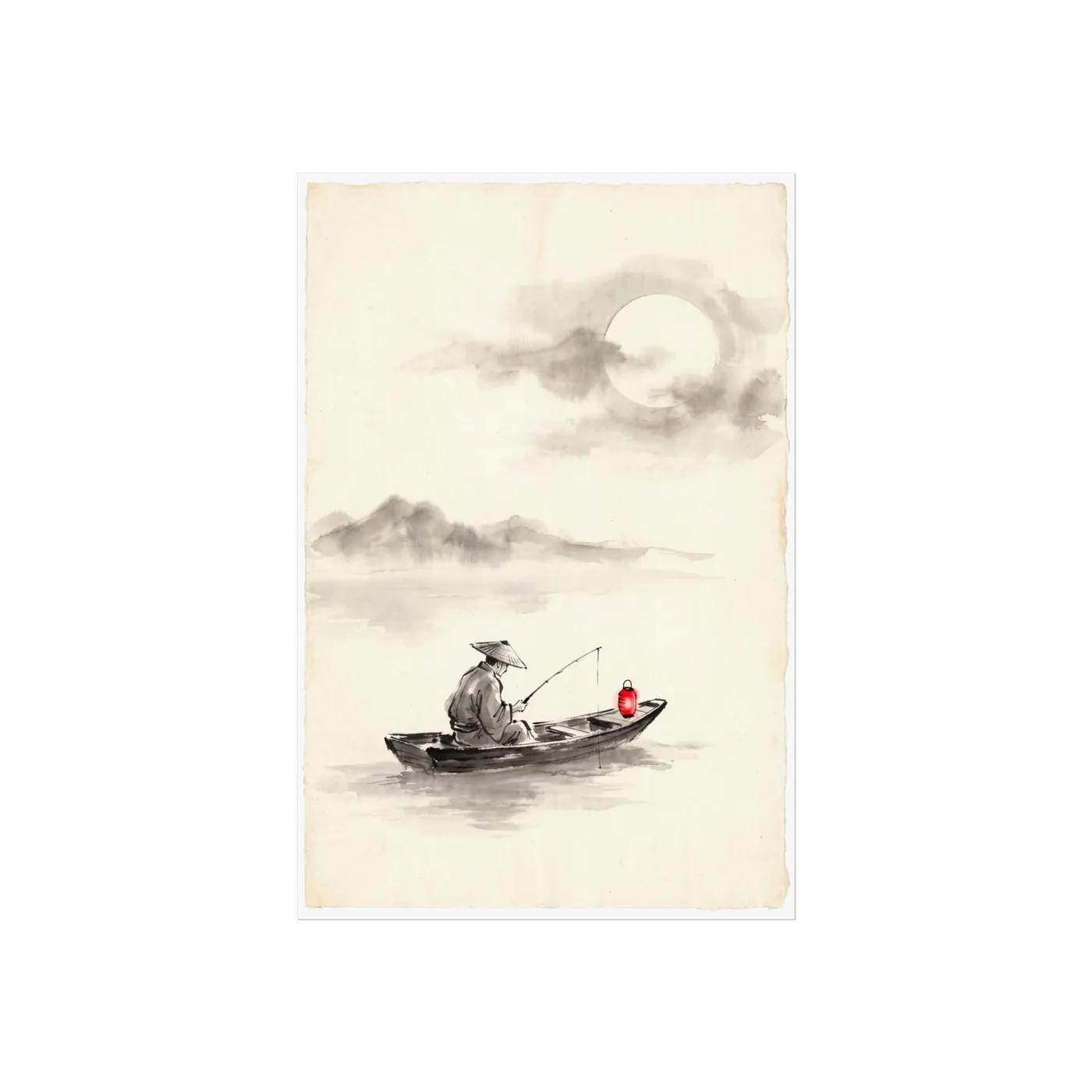 Japanese Landscape Art | Fisher Lake Moon Sumi-e Ink Print | Black and White Zen Decor | A1 Ready Poster Print