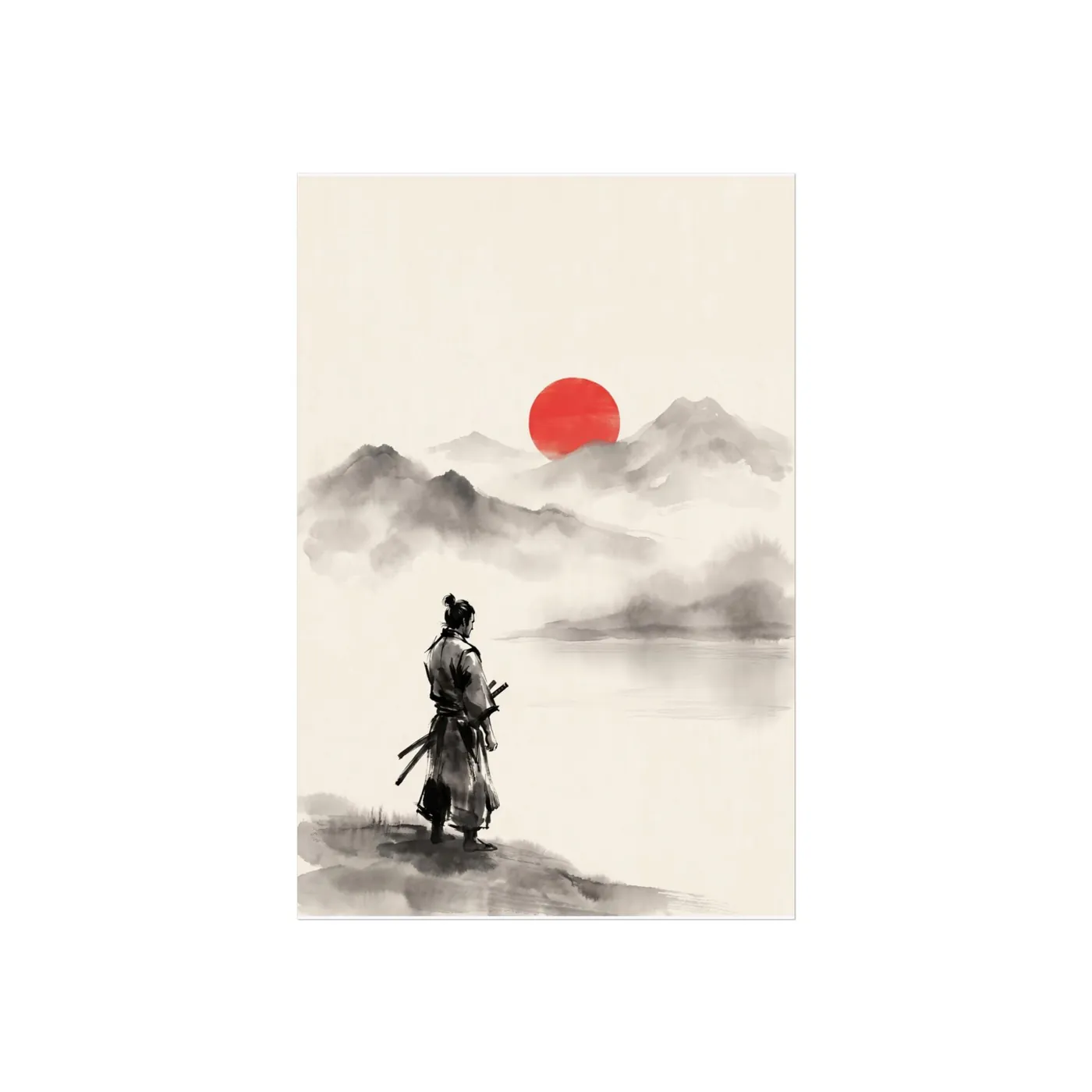 Samurai Wall Art | Lake Dawn Sumi-e Ink Print | Black and White Zen Decor | A1 Ready Poster Print | Living Room Decor