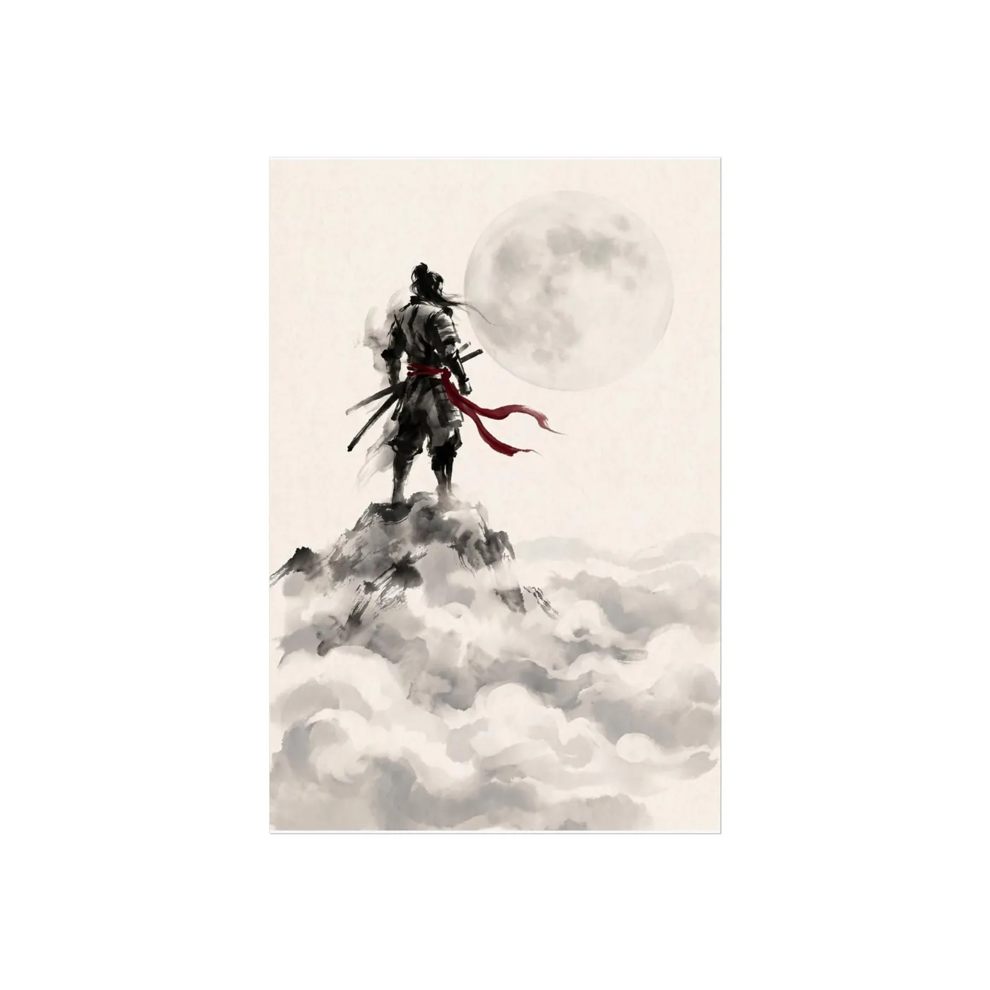 Japanese Wall Art | Warrior Peak Moon Sumi-e Ink Print | Black and White Zen Decor | A1 Ready Poster Print
