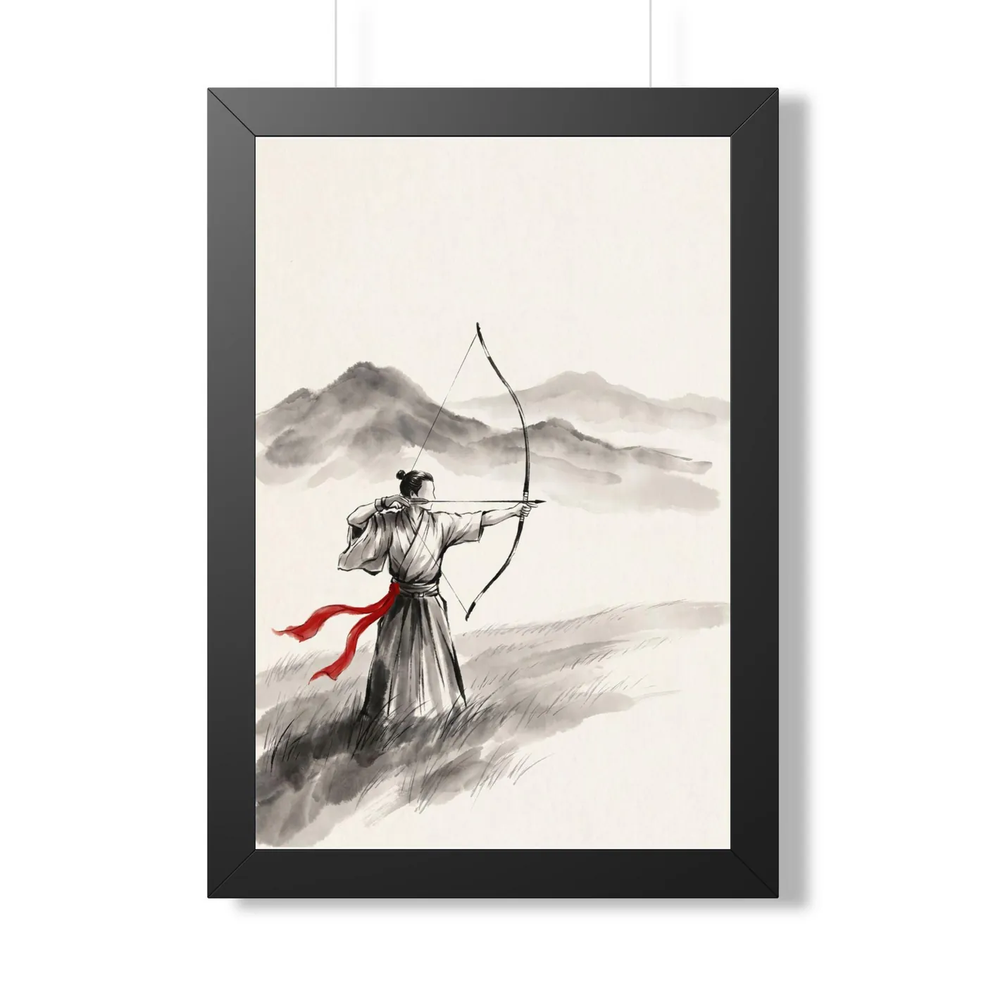 Framed Japanese Wall Art | Archer Field Sumi-e Ink Print | Black and White Zen Decor | A1 Ready Poster Print