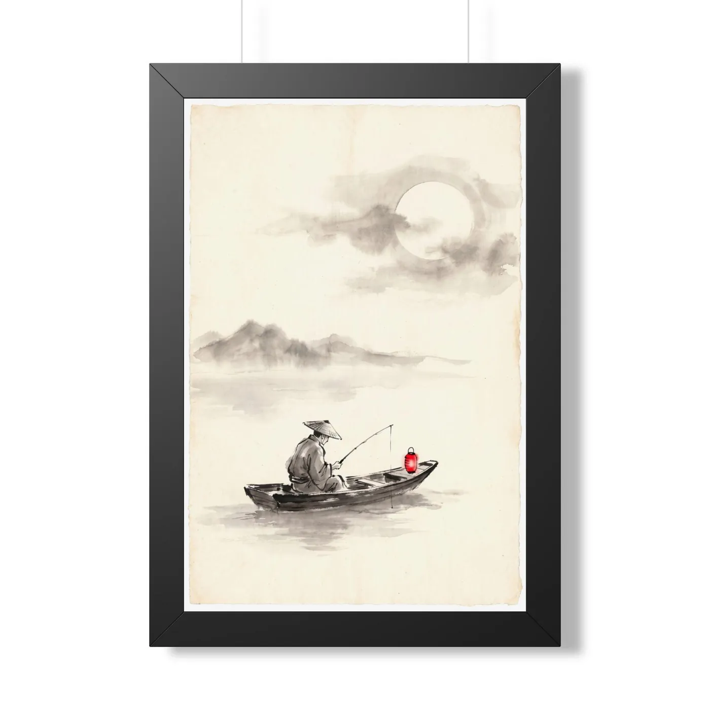 Framed Japanese Wall Art | Fisher Lake Moon Sumi-e Ink Print | Black and White Zen Decor | A1 Ready Poster Print