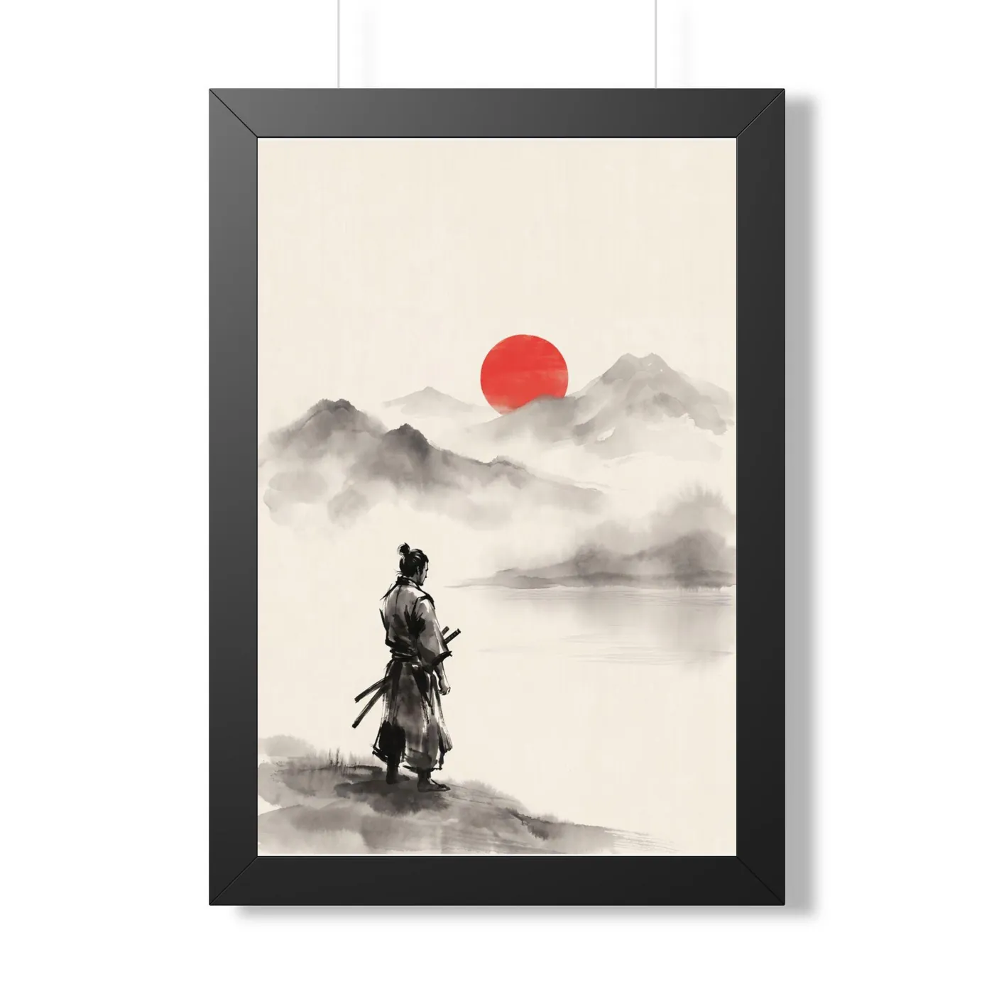 Framed Japanese Wall Art | Samurai Lake Dawn Sumi-e Ink Print | Black and White Zen Decor | A1 Ready Poster Print