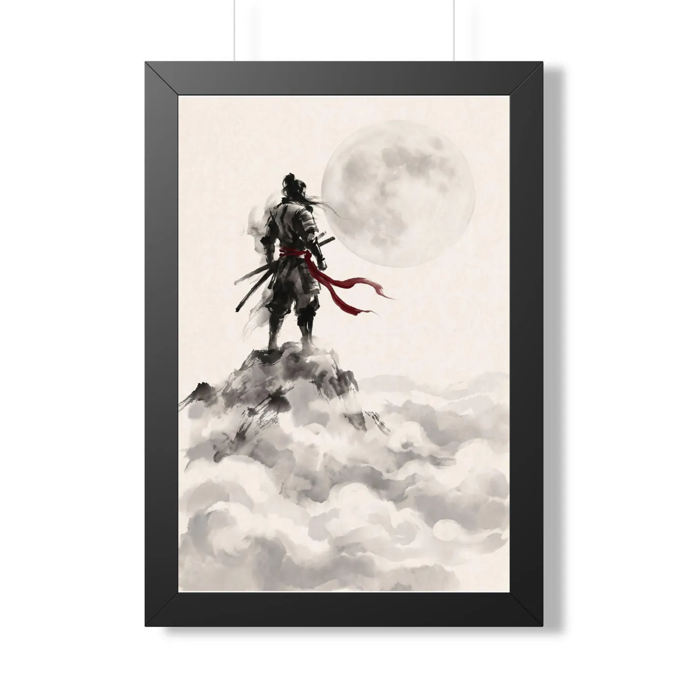 Framed Japanese Wall Art | Warrior Peak Moon Sumi-e Ink Print | Black and White Zen Decor | A1 Ready Poster Print