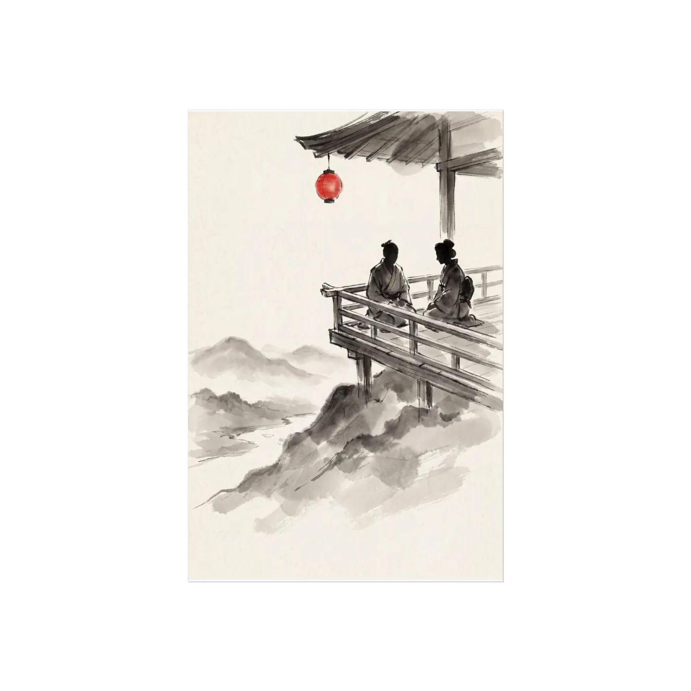 Tea Veranda Mountains | Zen Life Sumi-e Scene | Black & White Ink Wall Art | Poster