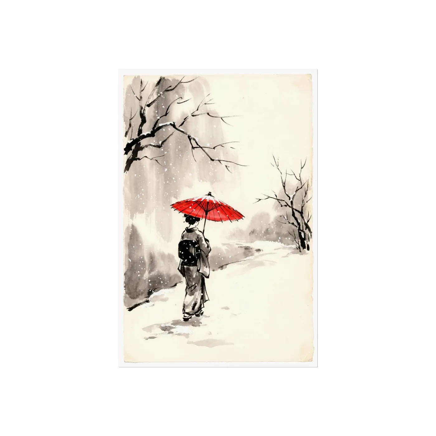 Japanese Wall Art | Woman Umbrella Snow Sumi-e Ink Print | Black and White Zen Decor | A1 Ready Poster Print