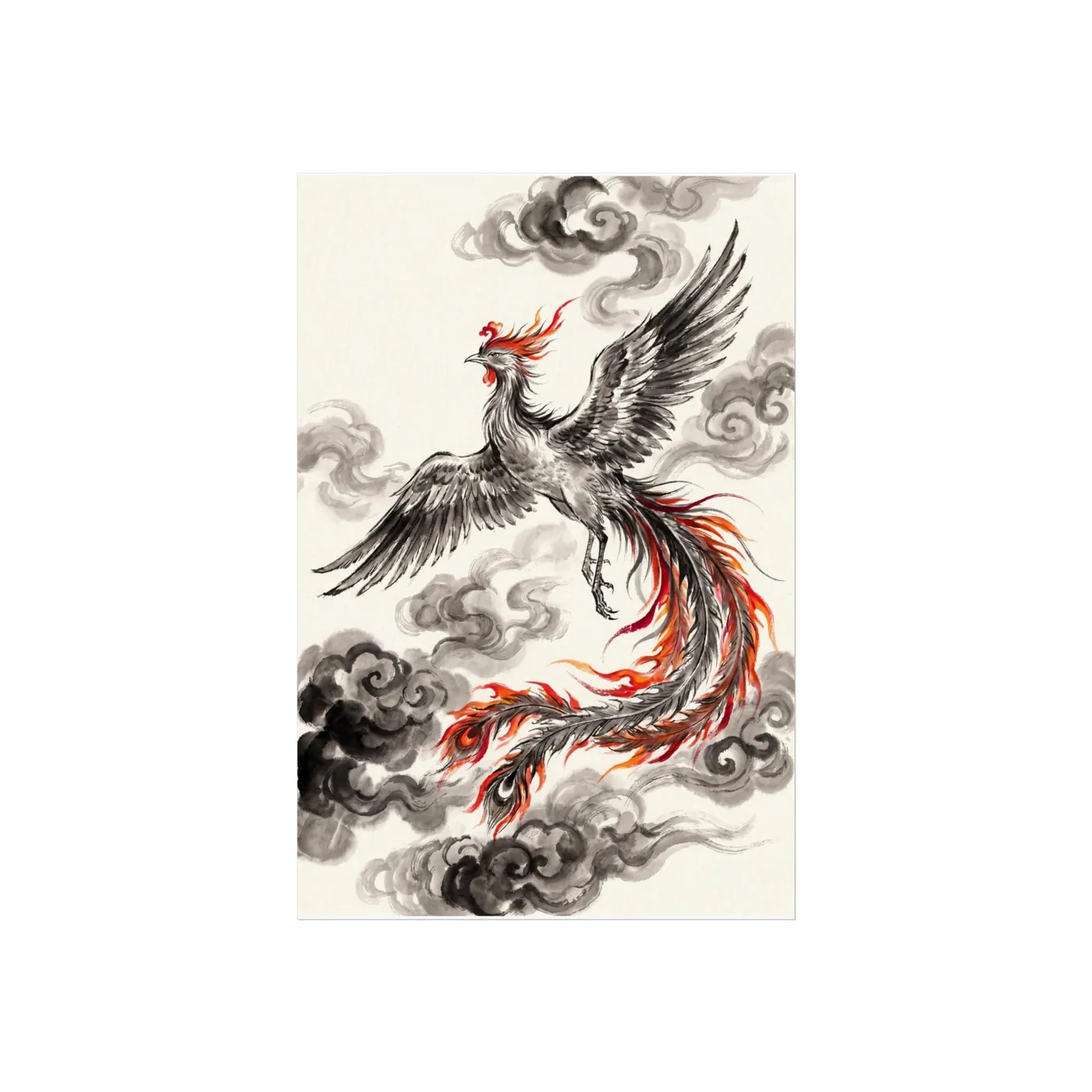 Chinese Wall Art | Fenghuang Phoenix Sumi-e Ink Print | Black and White Ink Decor | A1 Ready Poster Print
