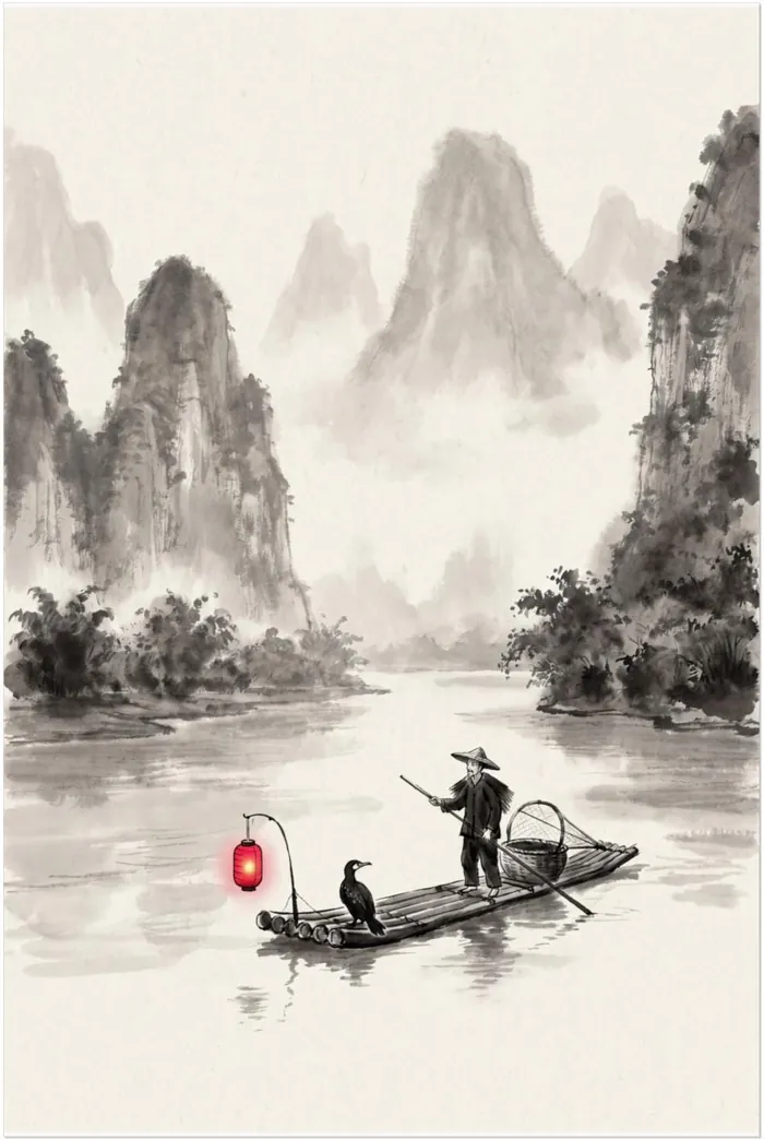 Guilin Cormorant Ink Art Print | Chinese Culture Wall Art, Minimalist Black White Poster
