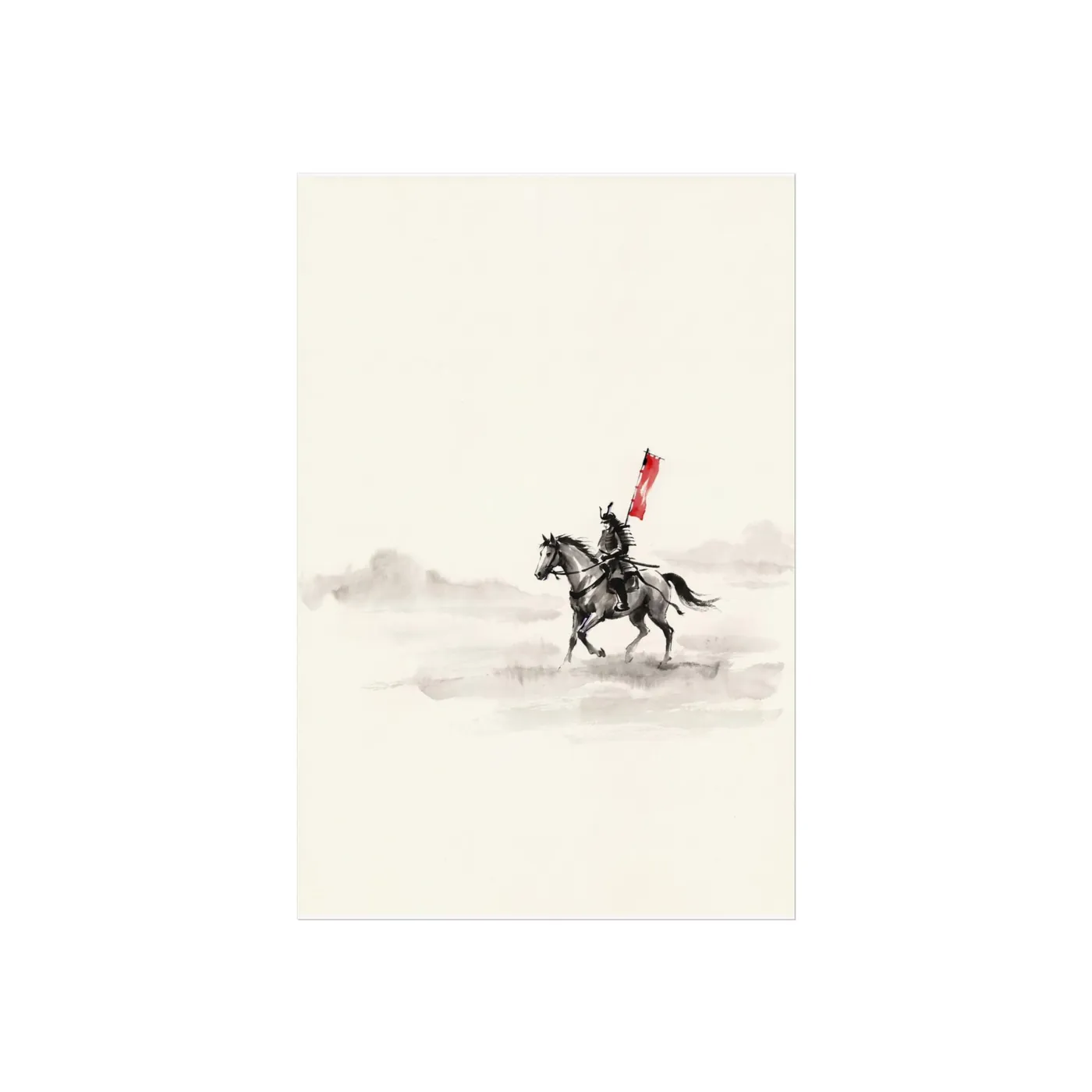 Samurai Horse Mist | Zen Life Sumi-e Scene | Black & White Ink Wall Art | Poster