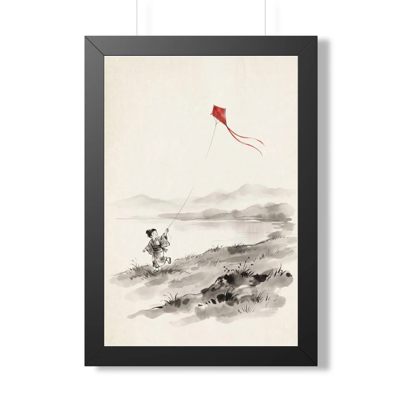 Child Kite Lake | Framed Zen Life Sumi-e Scene | Black & White Ink