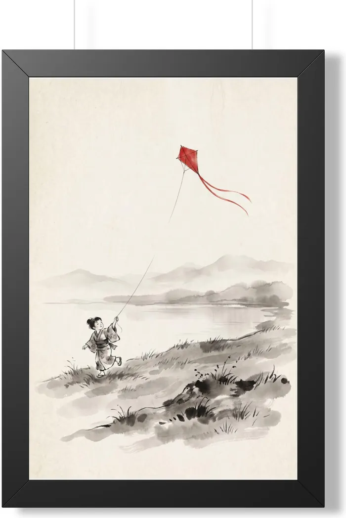Child Kite Lake | Framed Zen Life Sumi-e Scene | Black & White Ink