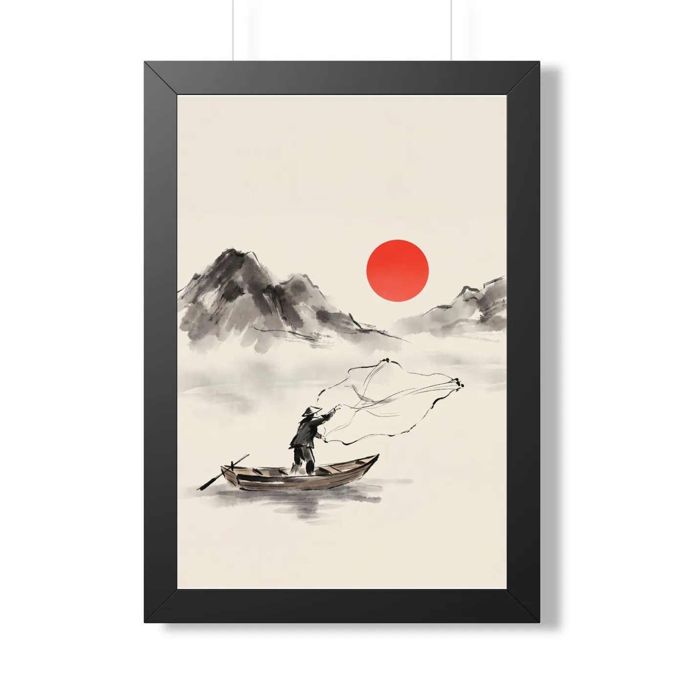 Framed Japanese Wall Art | Fisher Dawn Net Sumi-e Ink Print | Black and White Zen Decor | A1 Ready Poster Print