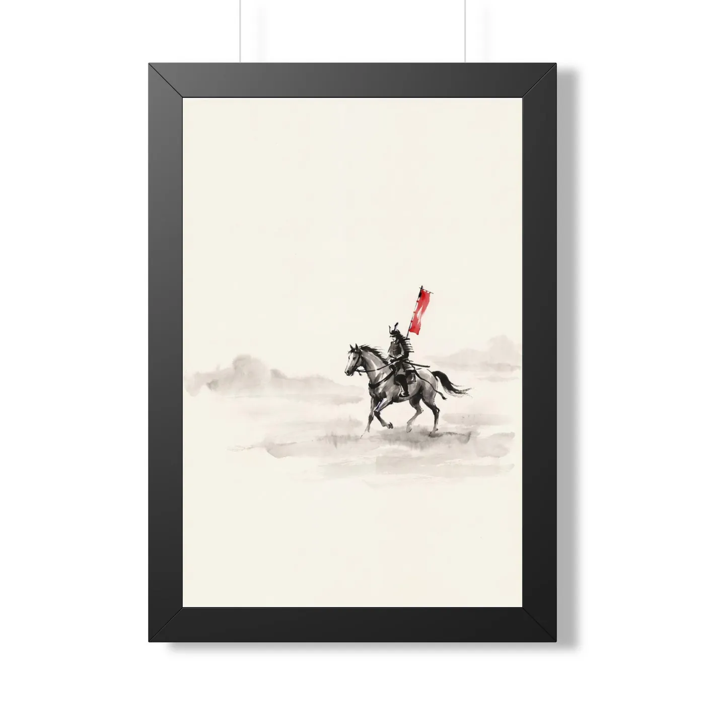Samurai Horse Mist | Framed Zen Life Sumi-e Scene | Black & White Ink