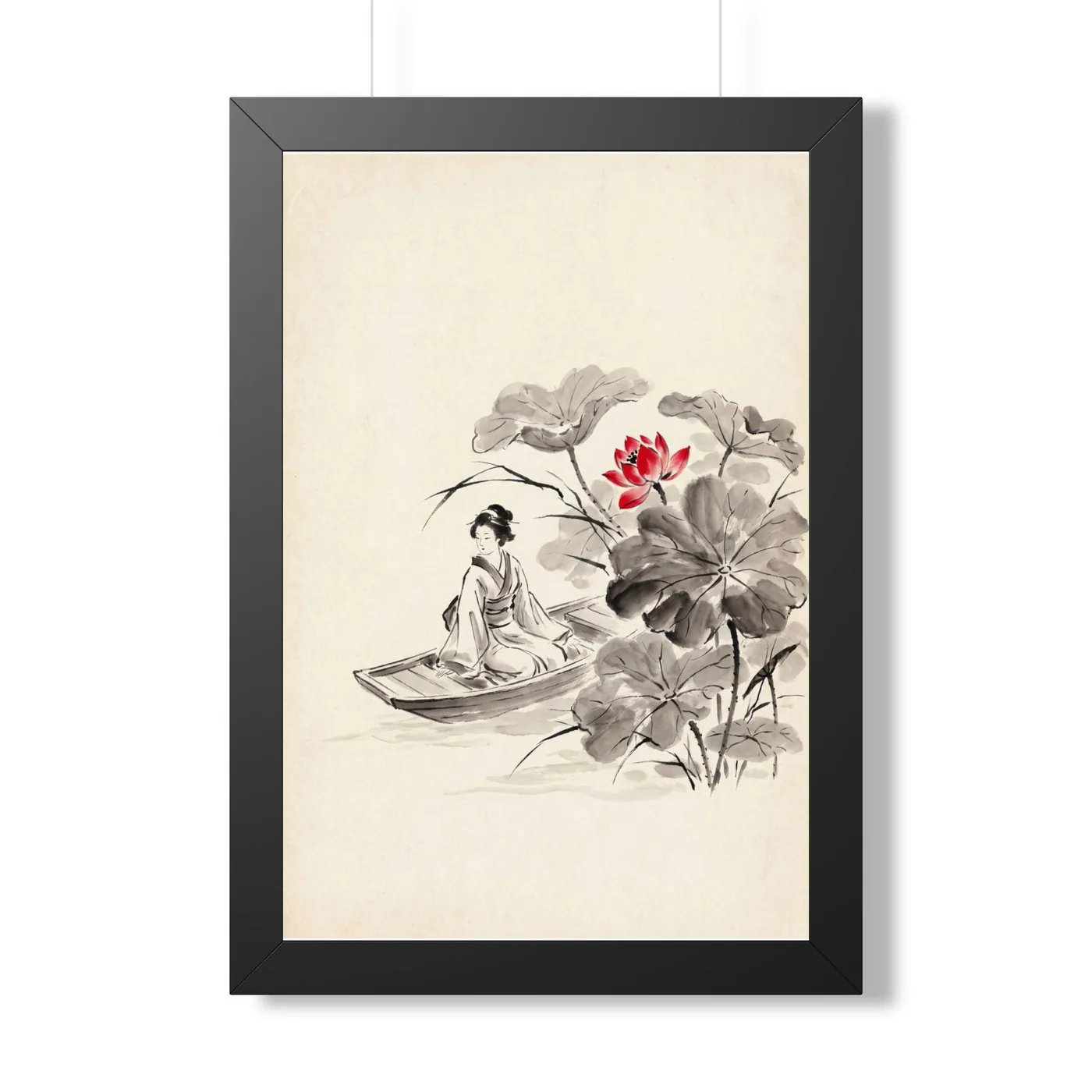 Framed Japanese Wall Art | Woman Boat Lotus Sumi-e Ink Print | Black and White Zen Decor | A1 Ready Poster Print
