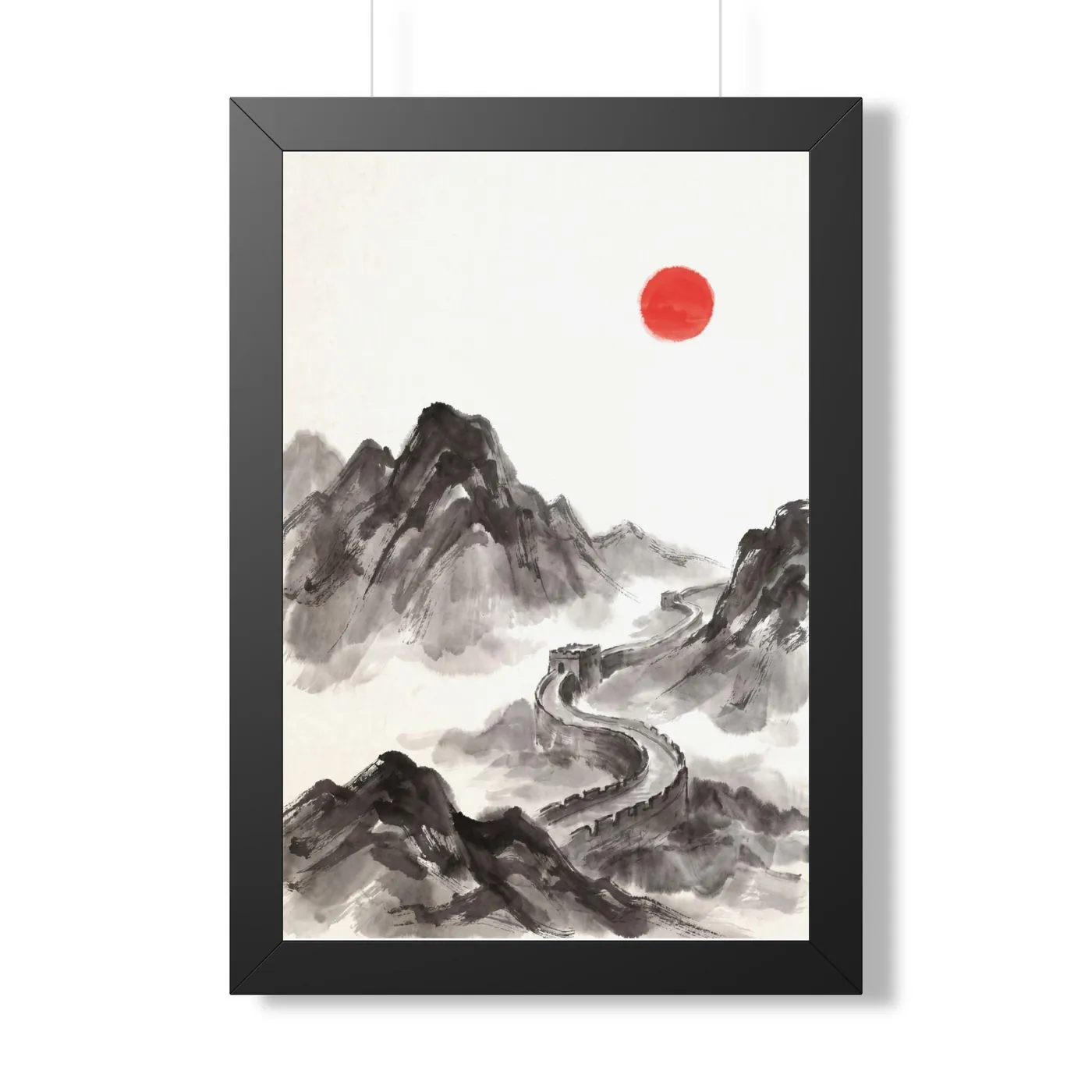 Framed Chinese Wall Art | Great Wall Sumi-e Ink Print | Black and White Ink Decor | A1 Ready Poster Print