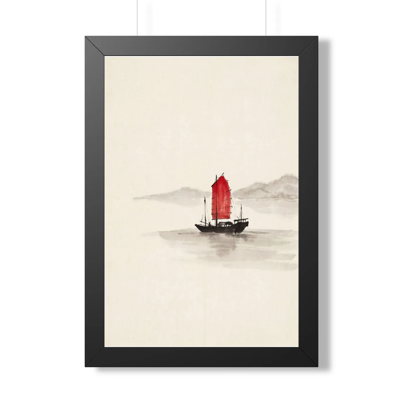 Framed Chinese Wall Art | Junk Boat Sumi-e Ink Print | Black and White Ink Decor | A1 Ready Poster Print | Living Room Decor