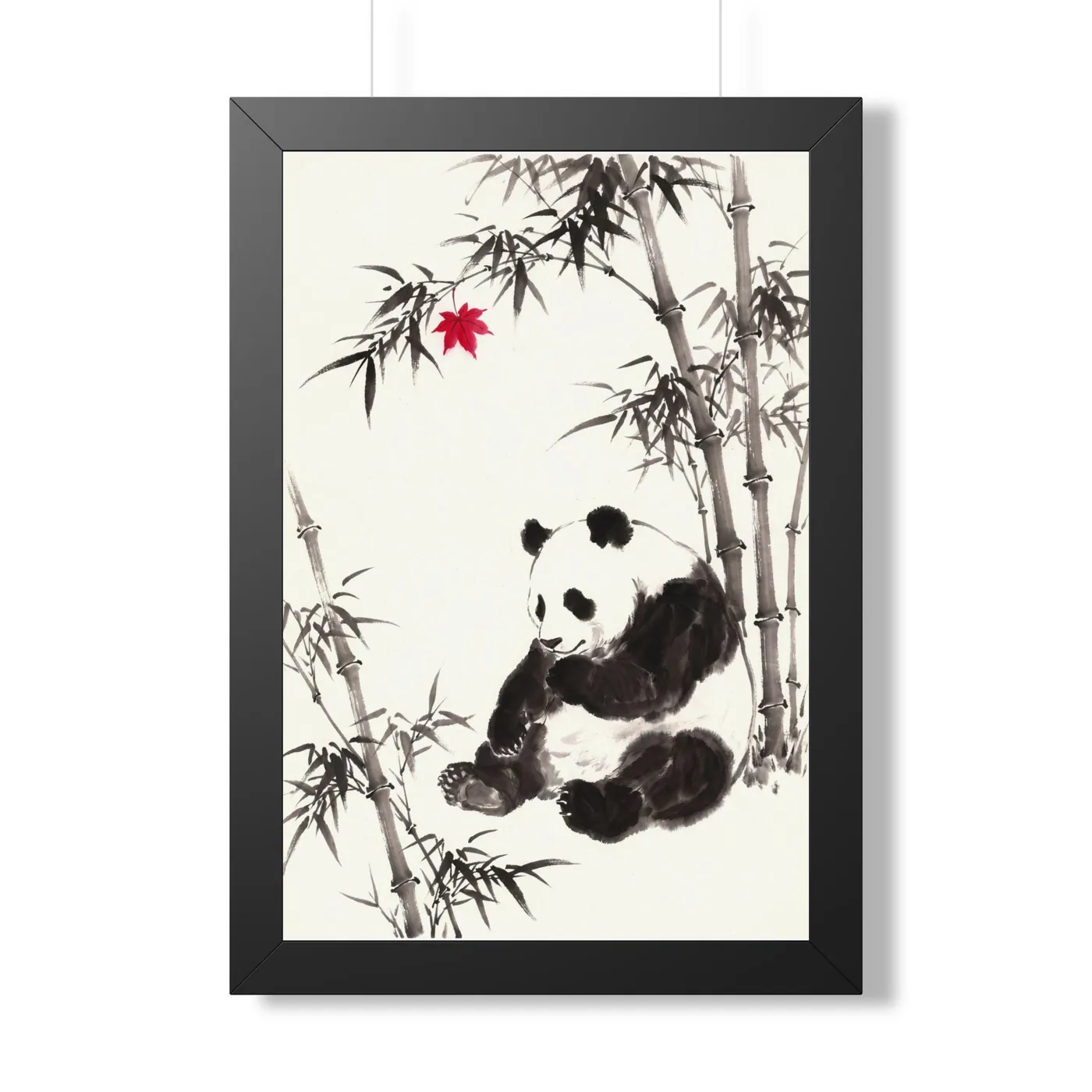 Framed Chinese Wall Art | Panda Bamboo Sumi-e Ink Print | Black and White Ink Decor | A1 Ready Poster Print
