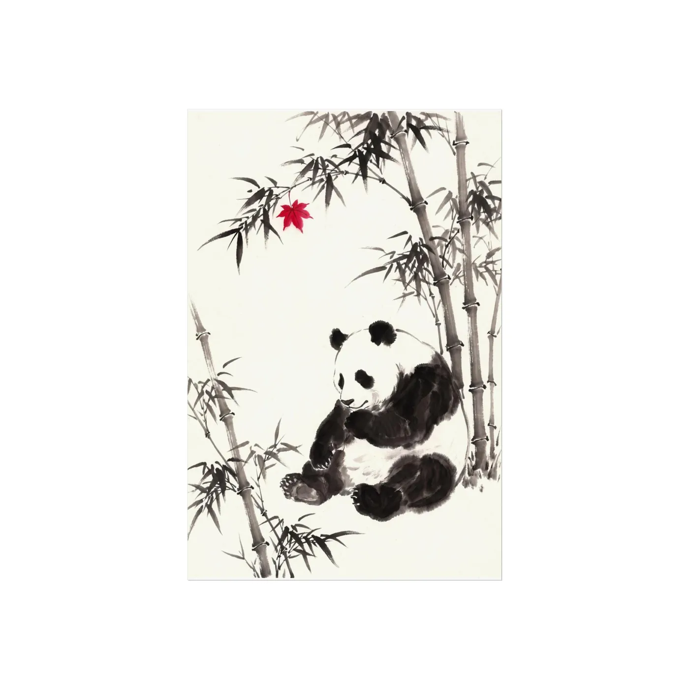Botanical Wall Art | Serene Panda Bamboo Sumi-e Ink Print | Black and White Zen Decor | A1 Ready Poster Print