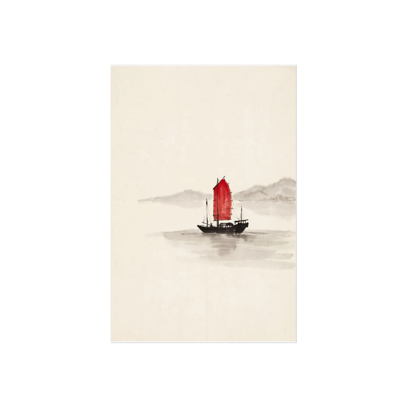 Chinese Wall Art | Serene Landscape Junk Boat Sumi-e Ink Print | Black and White Ink Decor | A1 Ready Poster Print