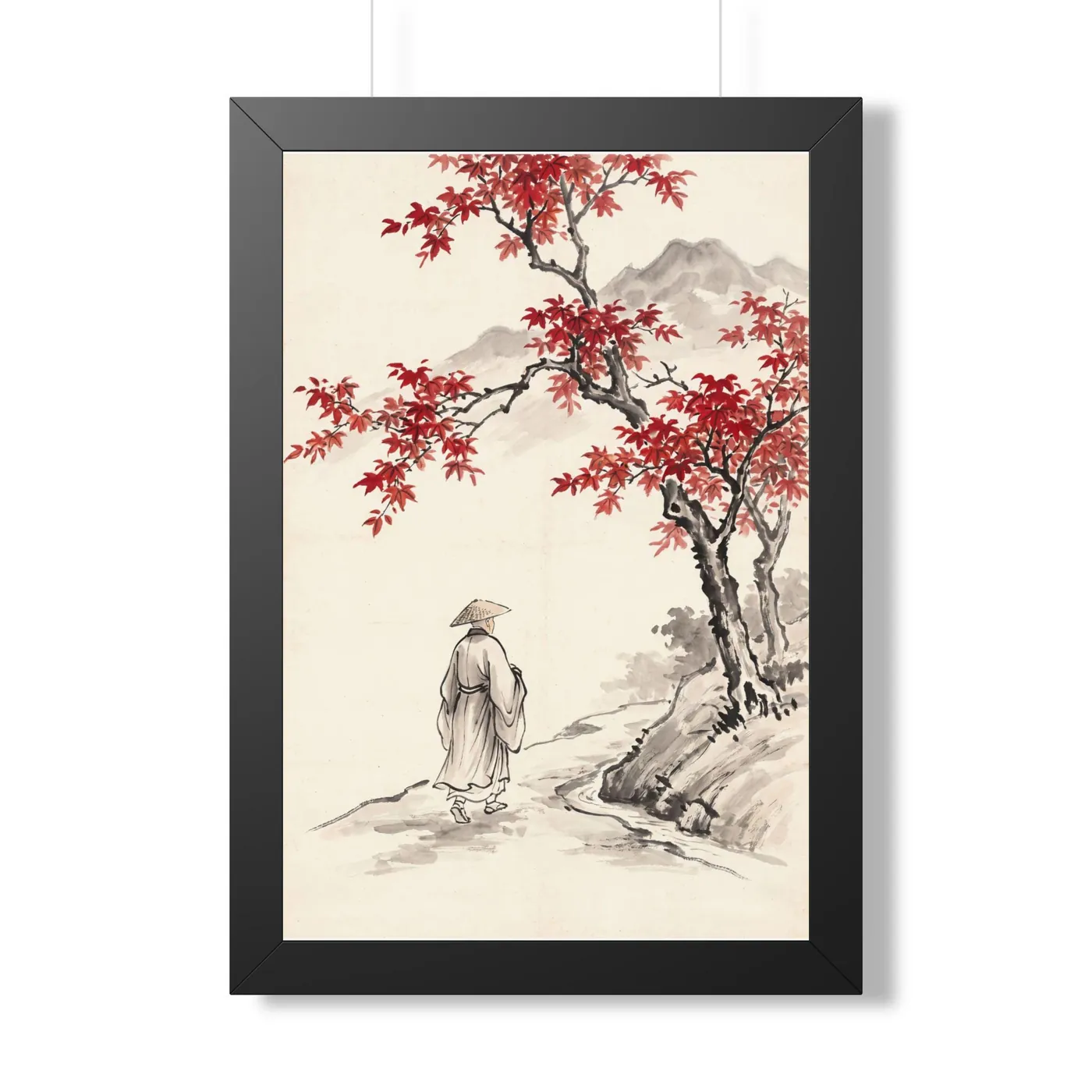 Framed Japanese Wall Art | Monk Autumn Maple Sumi-e Ink Print | Black and White Zen Decor | A1 Ready Poster Print