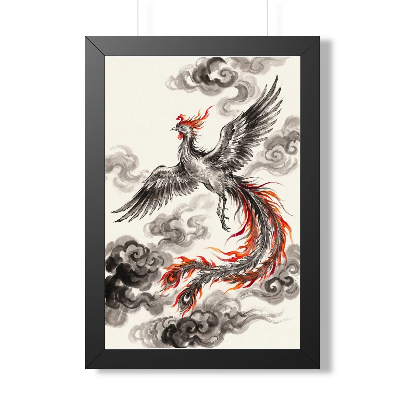 Framed Chinese Wall Art | Fenghuang Phoenix Sumi-e Ink Print | Black and White Ink Decor | A1 Ready Poster Print