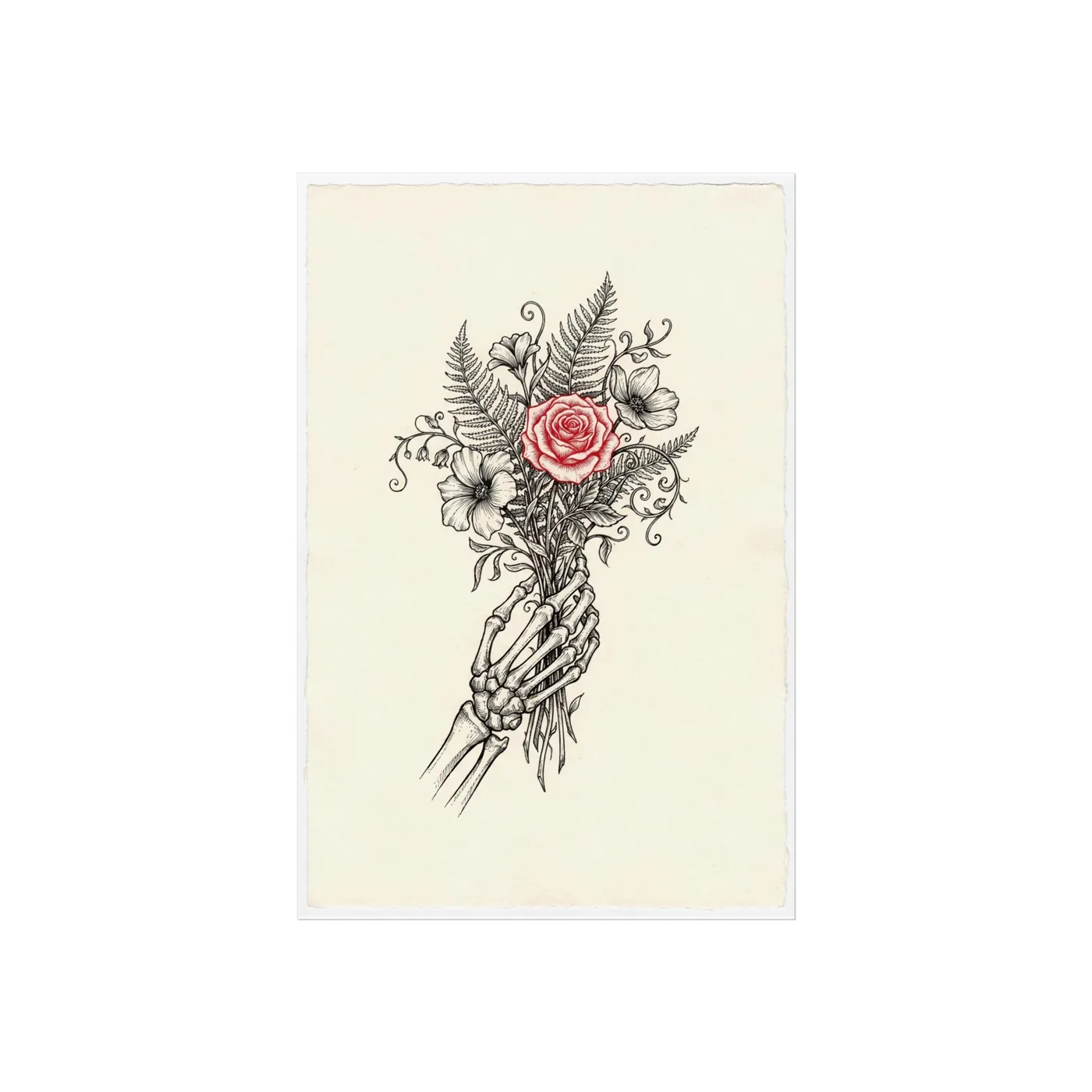 Botanical Wall Art | Skeleton Hand Holding Floral Sumi-e Ink Print | Black and White Zen Decor | A1 Ready Poster Print