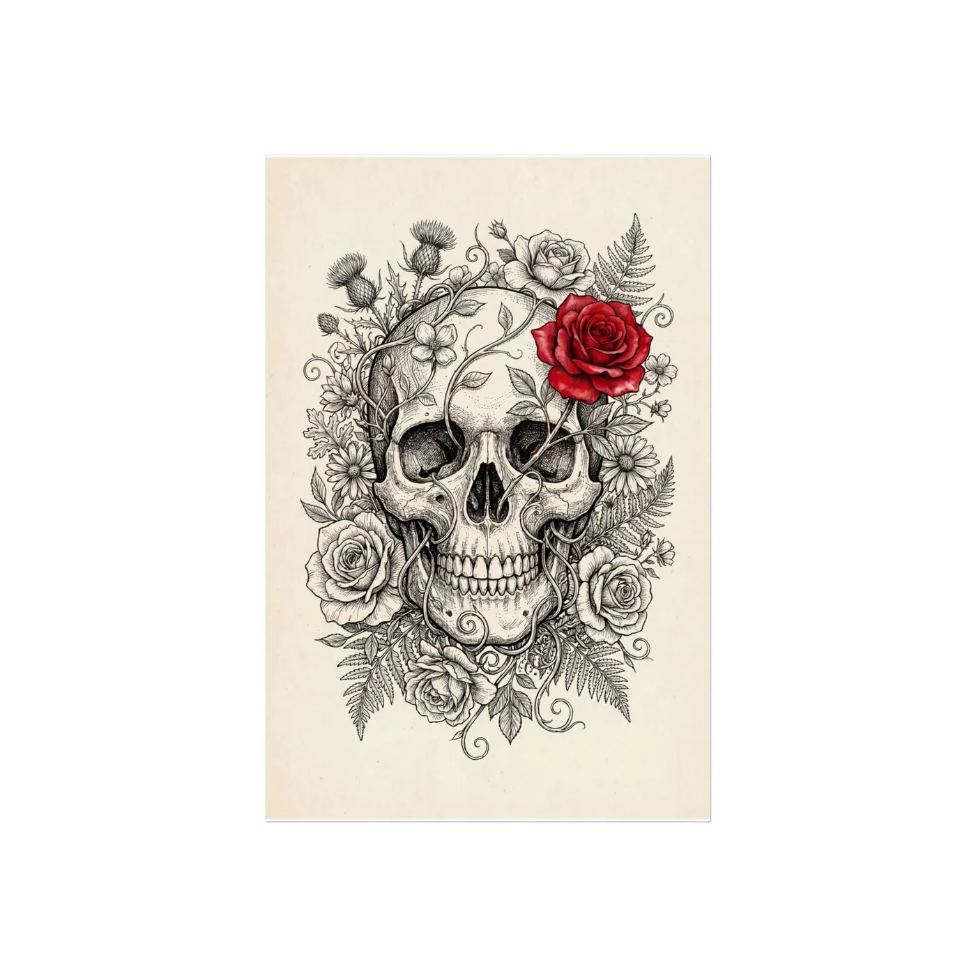 Botanical Wall Art | Anatomical Skull Floral Sumi-e Ink Print | Black and White Zen Decor | A1 Ready Poster Print