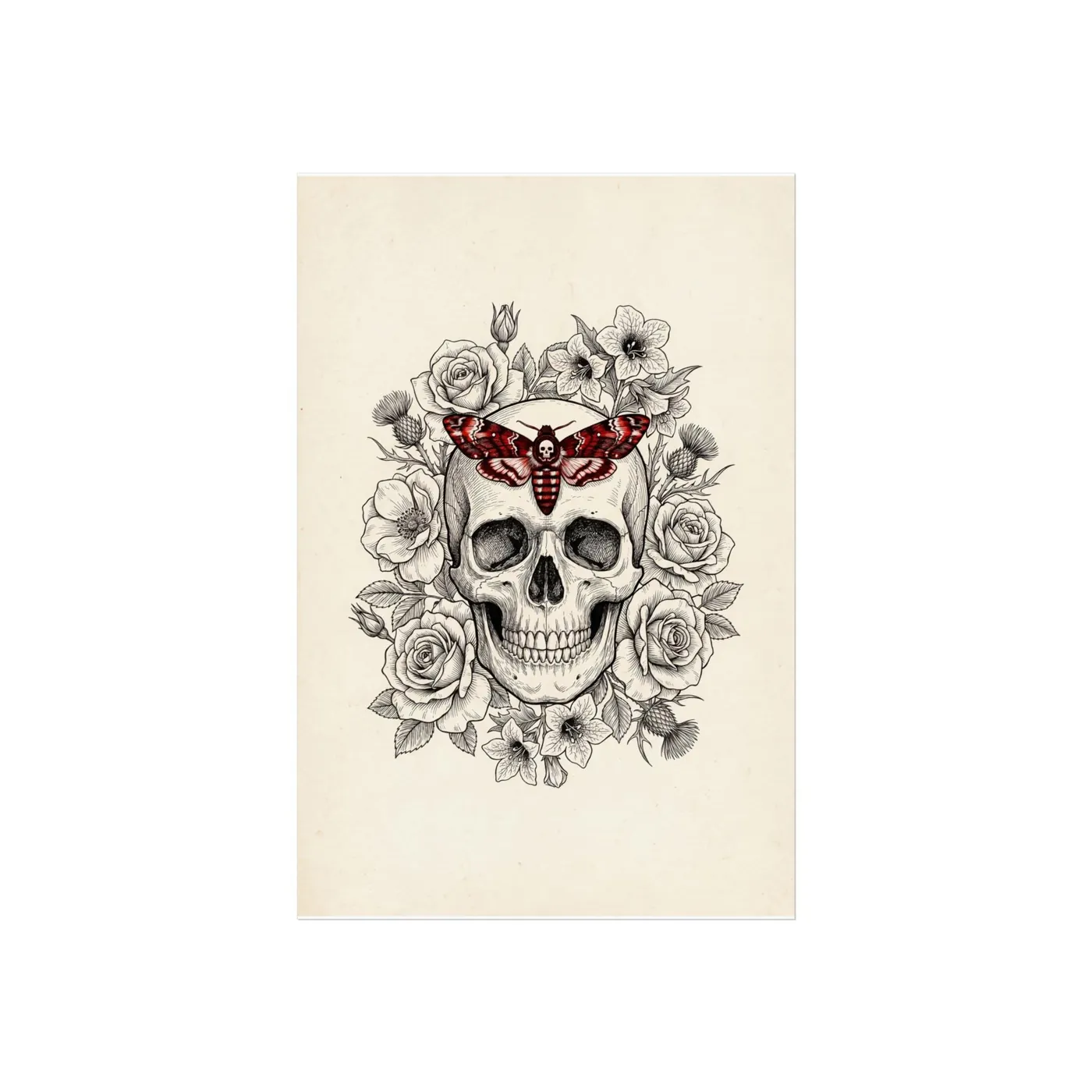 Botanical Wall Art | Anatomical Floral Skull Moth Sumi-e Ink Print | Black and White Zen Decor | A1 Ready Poster Print