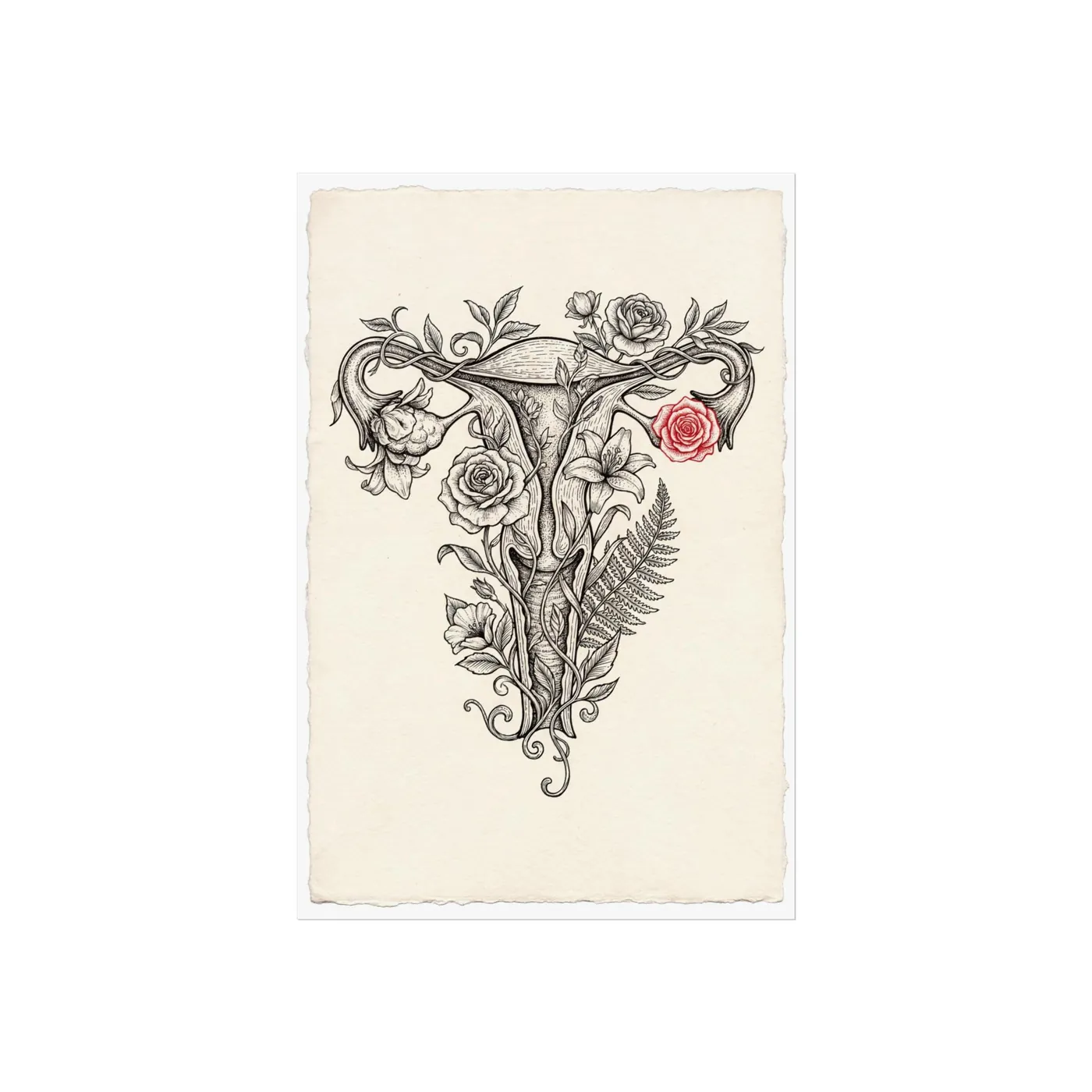 Botanical Wall Art | Anatomical Floral Uterus Sumi-e Ink Print | Black and White Zen Decor | A1 Ready Poster Print