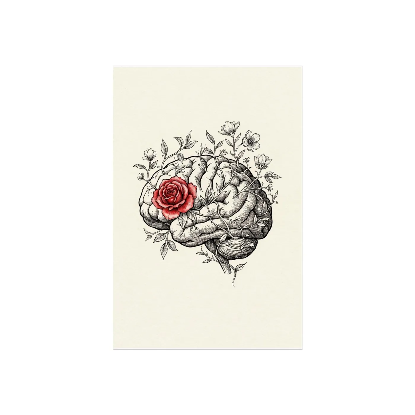 Botanical Wall Art | Anatomical Brain Floral Sumi-e Ink Print | Black and White Zen Decor | A1 Ready Poster Print