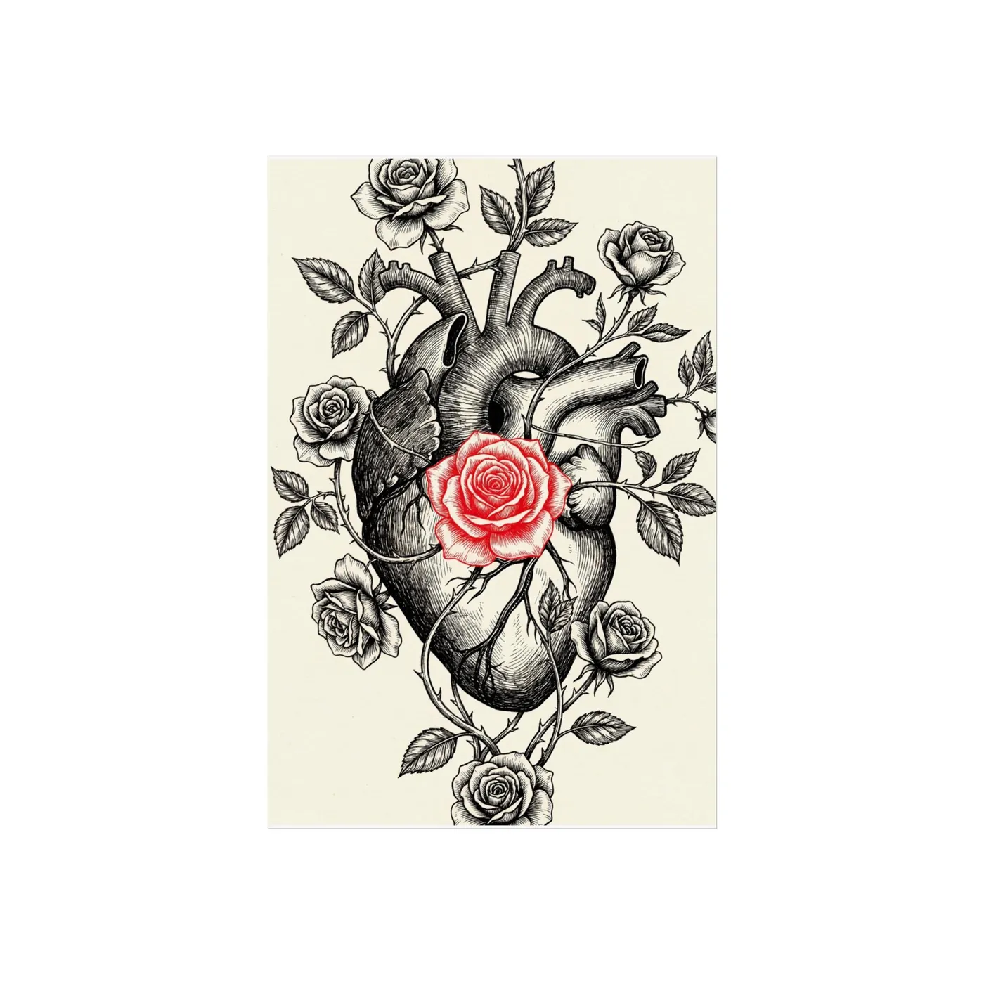 Botanical Wall Art | Anatomical Floral Heart Roses Sumi-e Ink Print | Black and White Zen Decor | A1 Ready Poster Print
