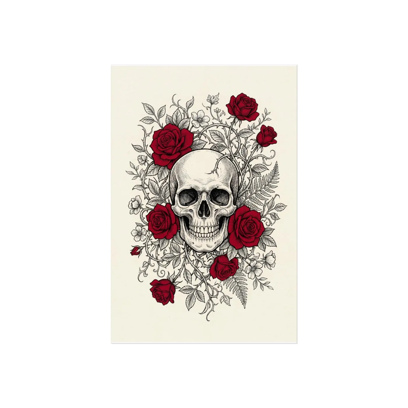 Botanical Wall Art | Anatomical Floral Skull Roses Sumi-e Ink Print | Black and White Zen Decor | A1 Ready Poster Print