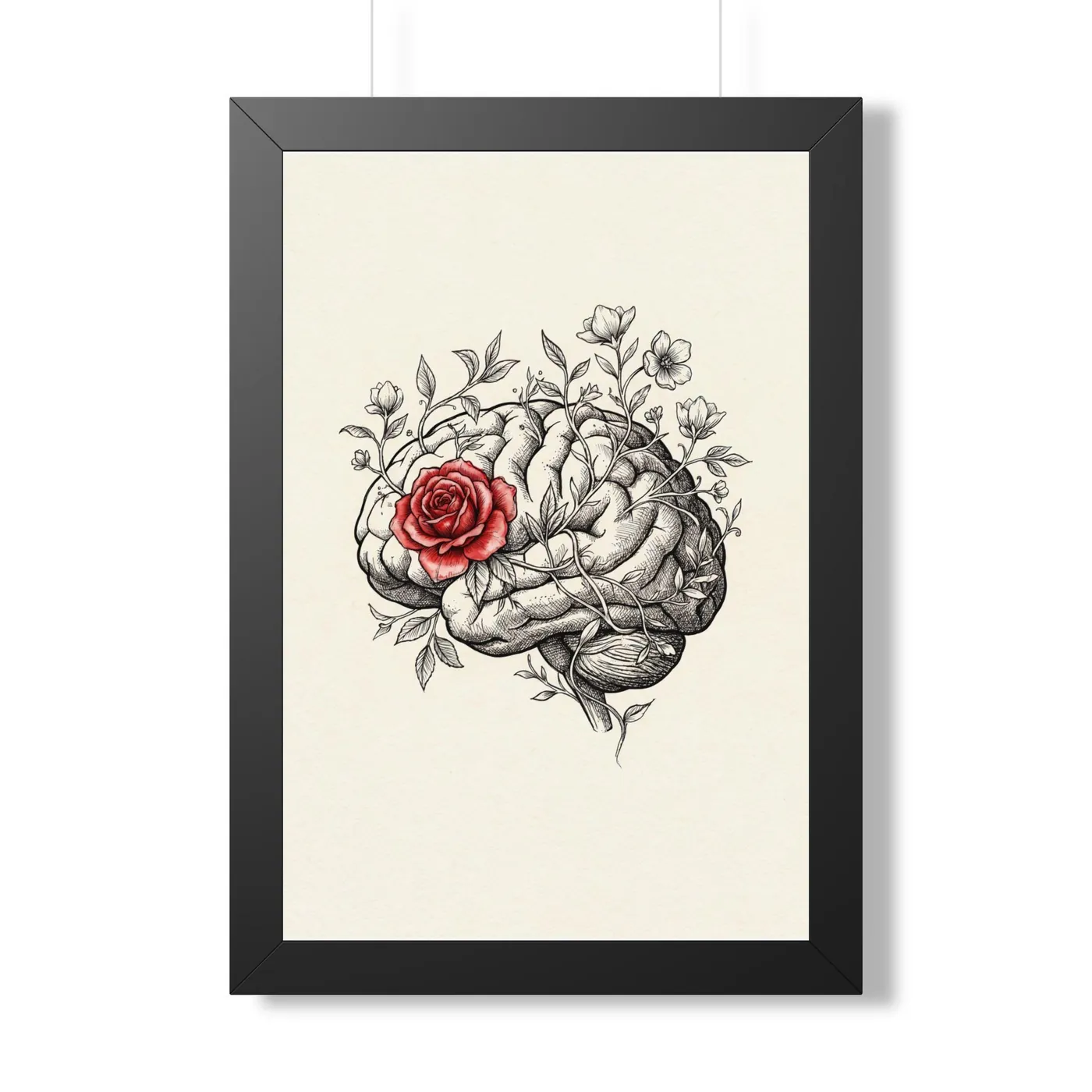 Framed Japanese Wall Art | Anatomical Floral Brain Sumi-e Ink Print | Black and White Zen Decor | A1 Ready Poster Print