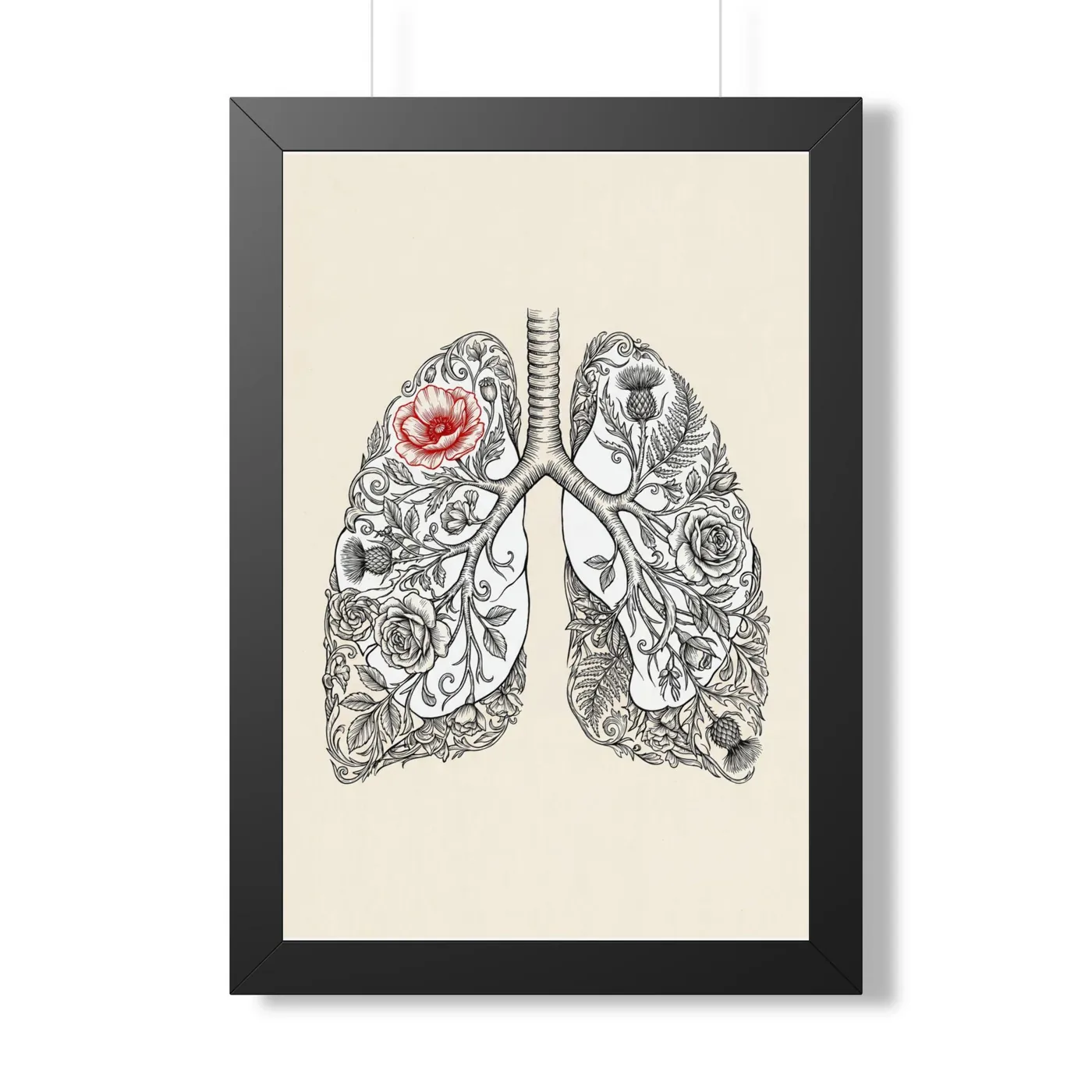 Framed Japanese Wall Art | Anatomical Floral Lungs Sumi-e Ink Print | Black and White Zen Decor | A1 Ready Poster Print