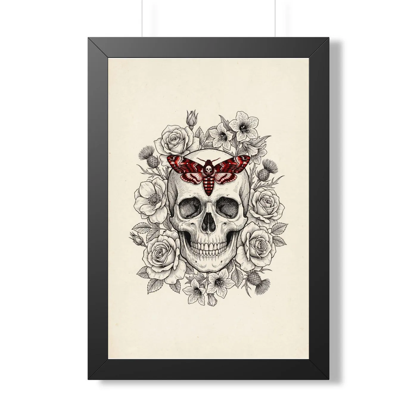 Framed Japanese Wall Art | Anatomical Floral Skull Moth Sumi-e Ink Print | Black and White Zen Decor | A1 Ready Poster Print