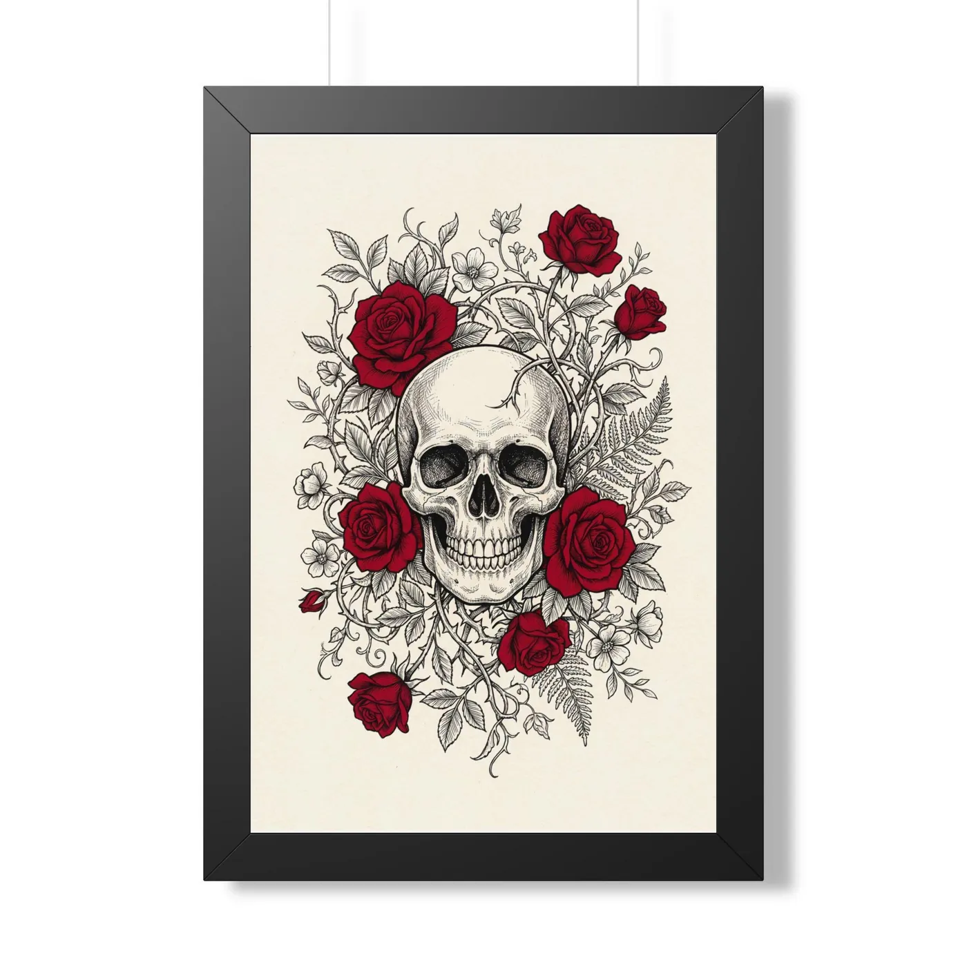 Framed Japanese Wall Art | Anatomical Floral Skull Roses Sumi-e Ink Print | Black and White Zen Decor | A1 Ready Poster Print