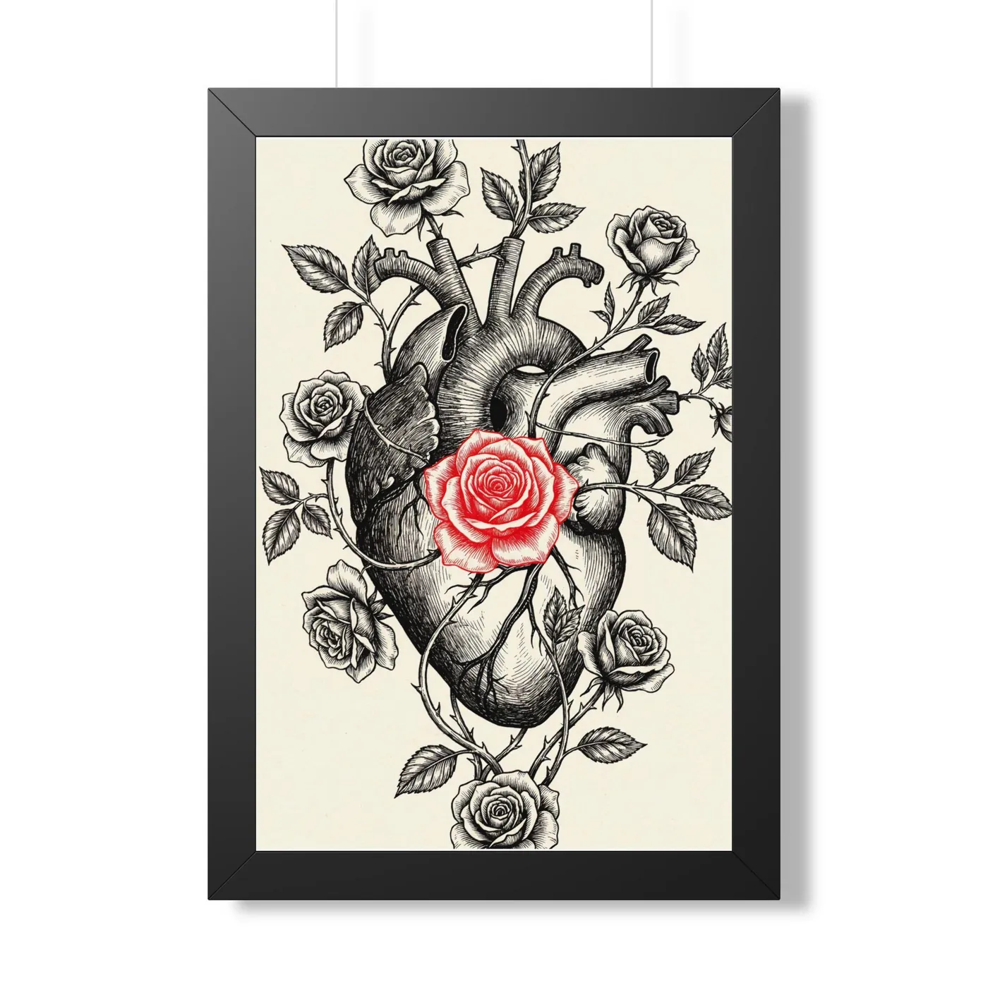 Framed Japanese Wall Art | Anatomical Floral Heart Roses Sumi-e Ink Print | Black and White Zen Decor | A1 Ready Poster Print