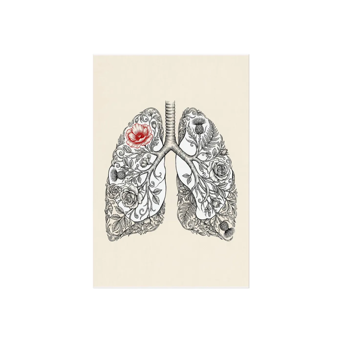 Botanical Wall Art | Anatomy Floral Lungs Sumi-e Ink Print | Black and White Zen Decor | A1 Ready Poster Print