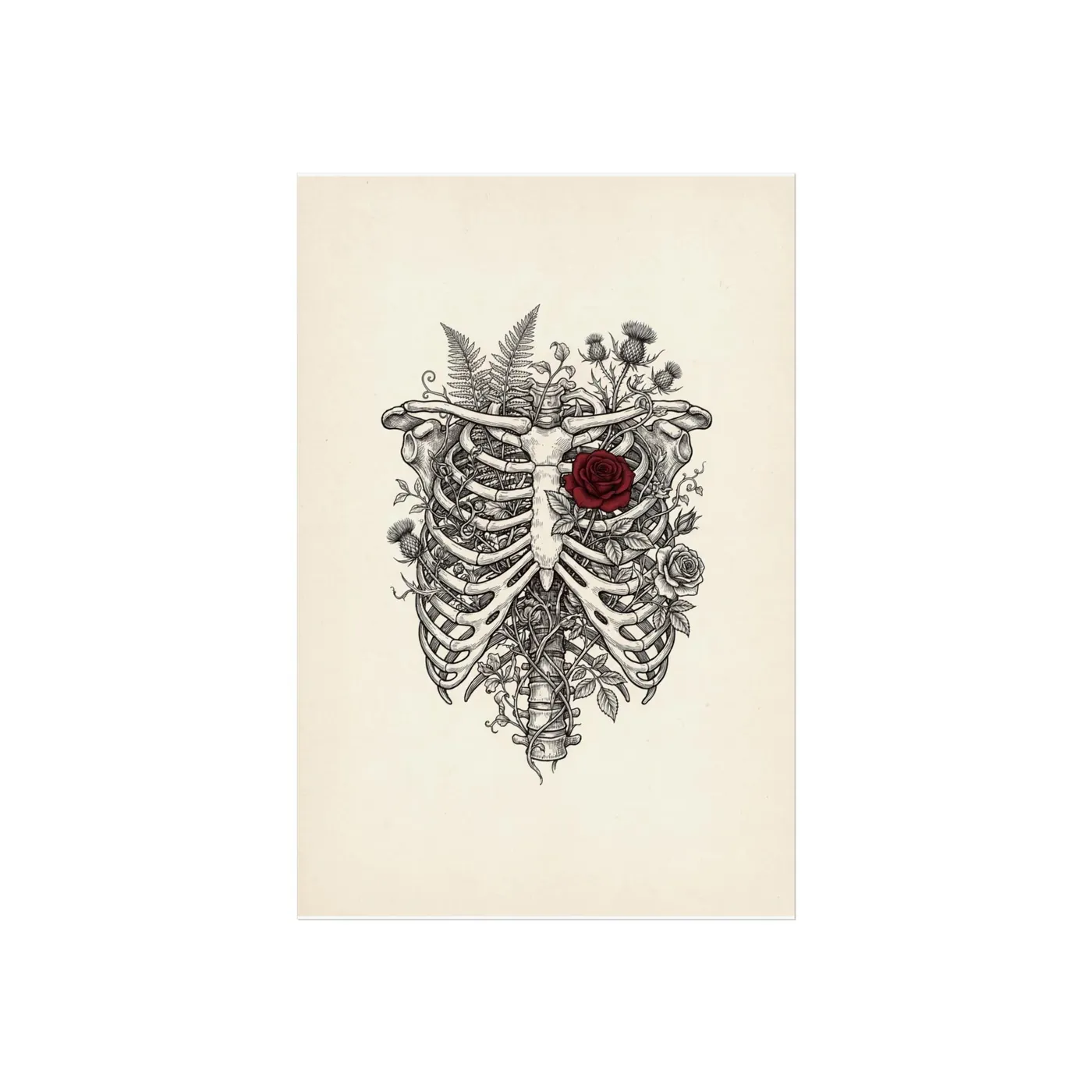 Botanical Wall Art | Anatomical Ribcage Floral Sumi-e Ink Print | Black and White Zen Decor | A1 Ready Poster Print