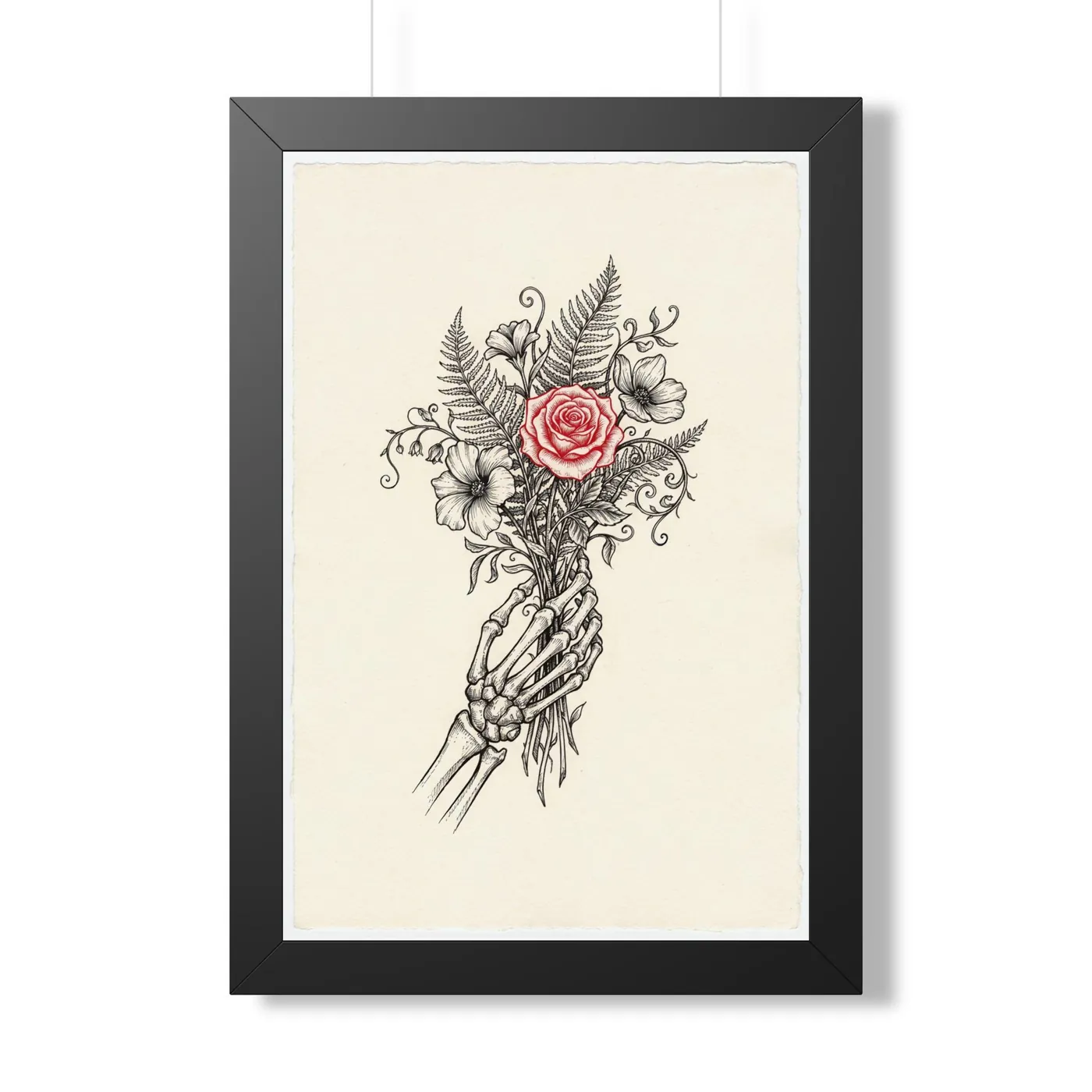 Framed Japanese Wall Art | Anatomical Floral Hand Bones Sumi-e Ink Print | Black and White Zen Decor | A1 Ready Poster Print