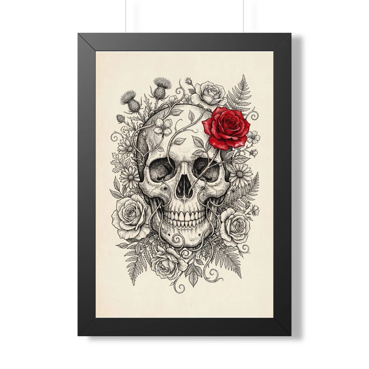 Framed Japanese Wall Art | Anatomical Floral Skull Sumi-e Ink Print | Black and White Zen Decor | A1 Ready Poster Print