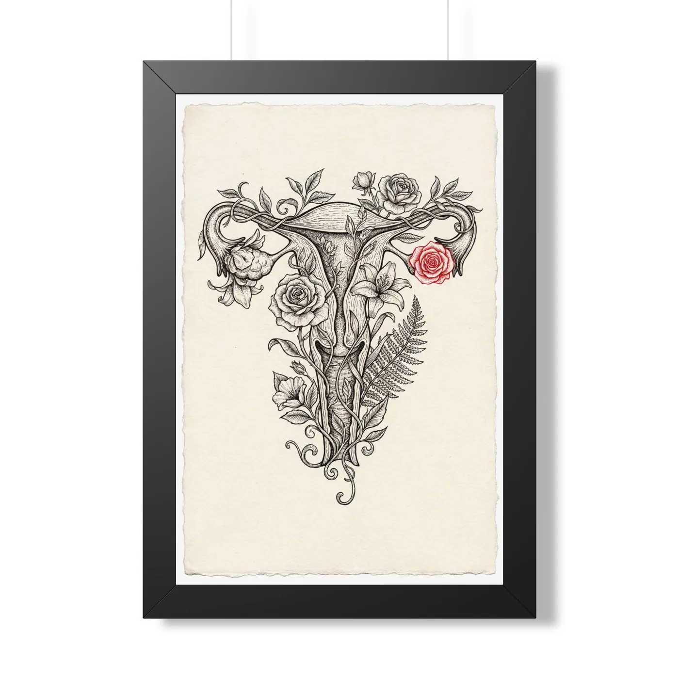Framed Japanese Wall Art | Anatomical Floral Uterus Sumi-e Ink Print | Black and White Zen Decor | A1 Ready Poster Print