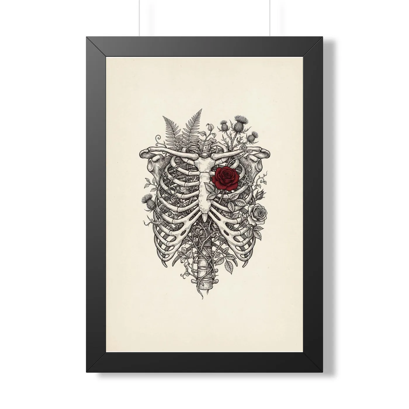 Framed Japanese Wall Art | Anatomical Floral Ribcage Sumi-e Ink Print | Black and White Zen Decor | A1 Ready Poster Print