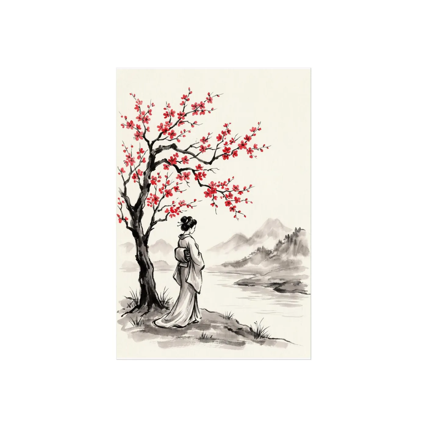 Japanese Wall Art | Woman Cherry River Sumi-e Ink Print | Black and White Zen Decor | A1 Ready Poster Print
